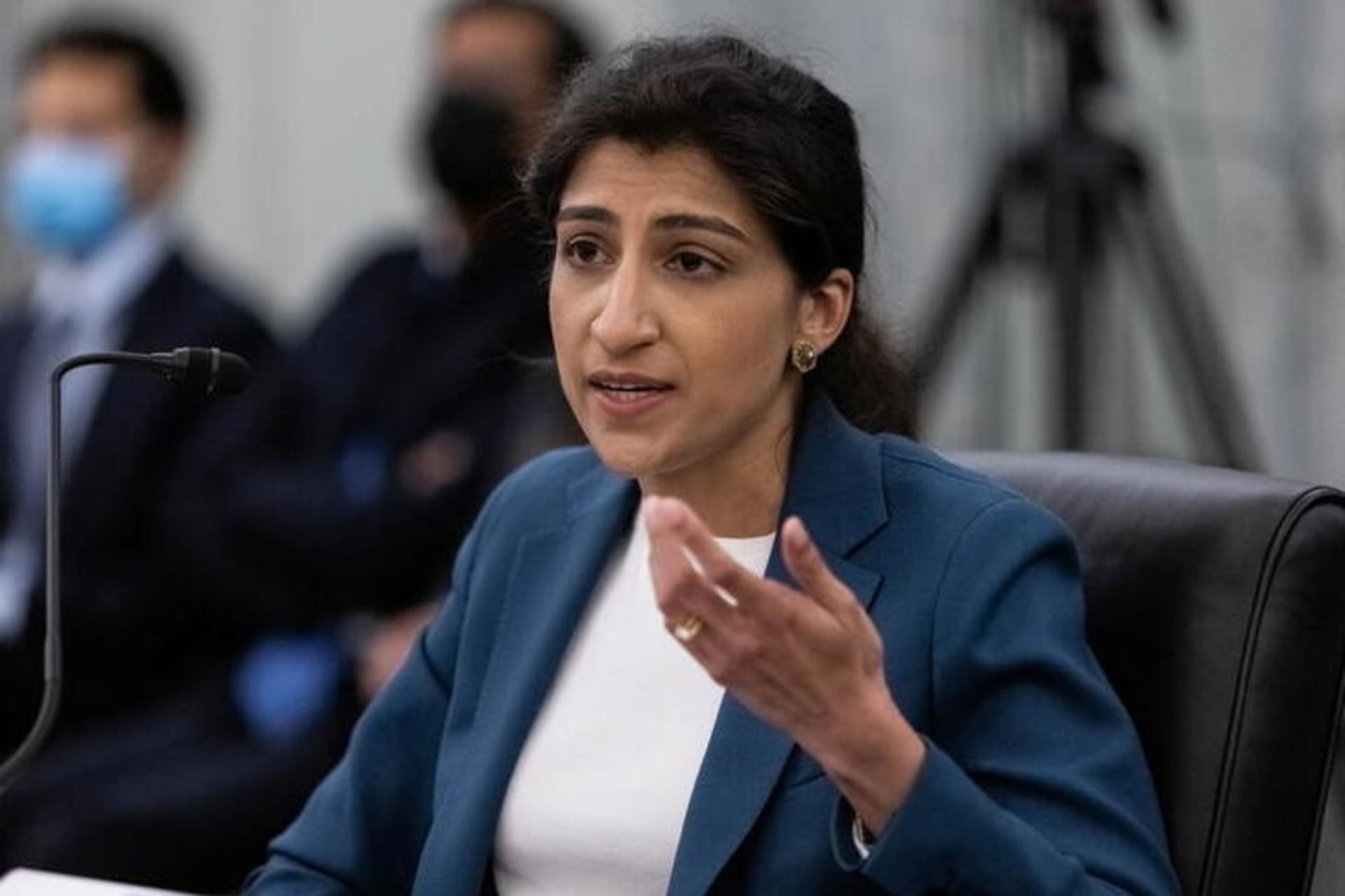 <p>FTC chair Lina Khan testifies on Capitol Hill in April 2021.</p>
