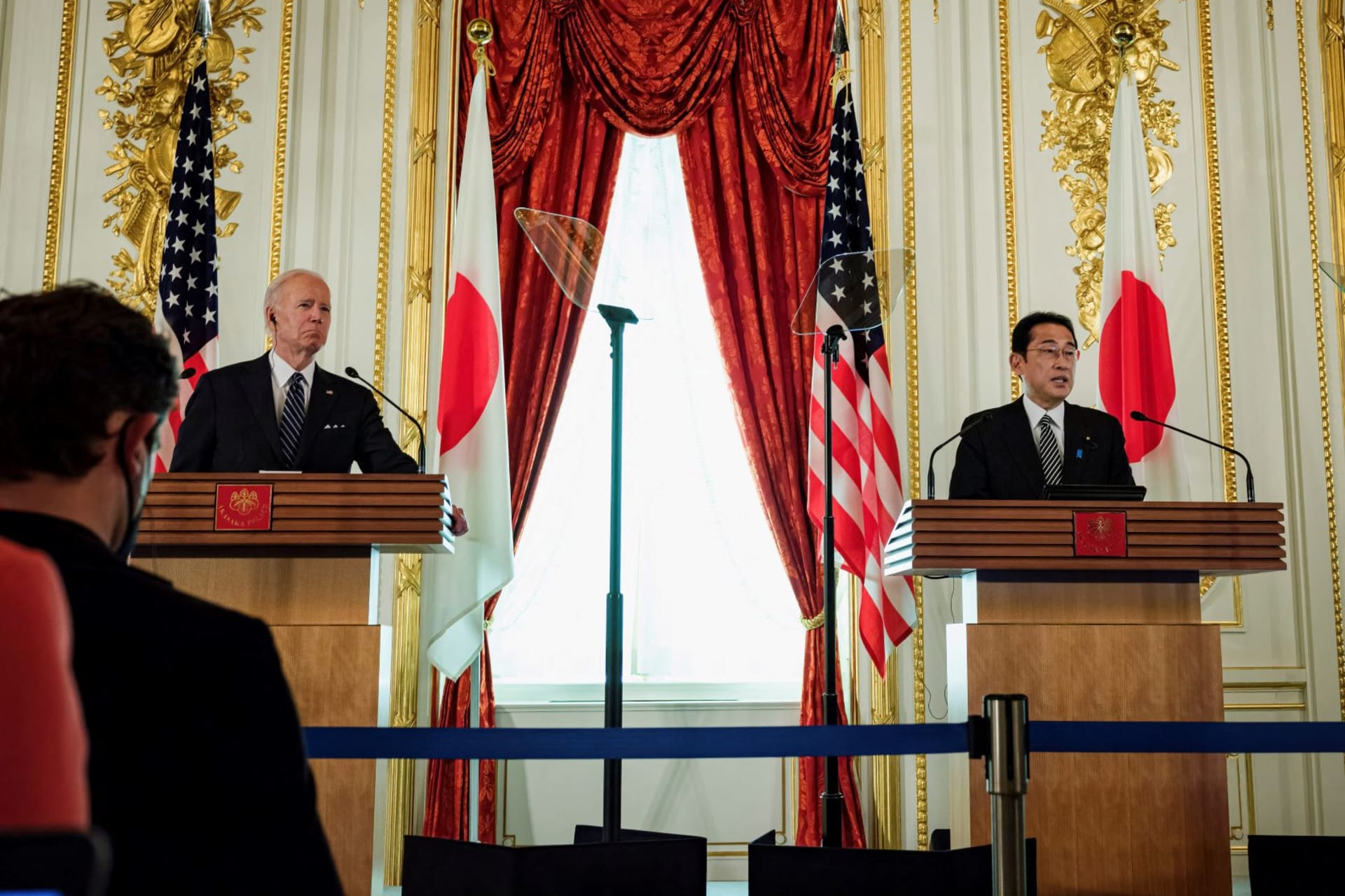 <p>U.S. President Joe Biden and Japan Prime Minister Fumio Kishida attend a press conference at Akasaka guest house, in Tokyo, Japan, May 23, 2022.</p>
