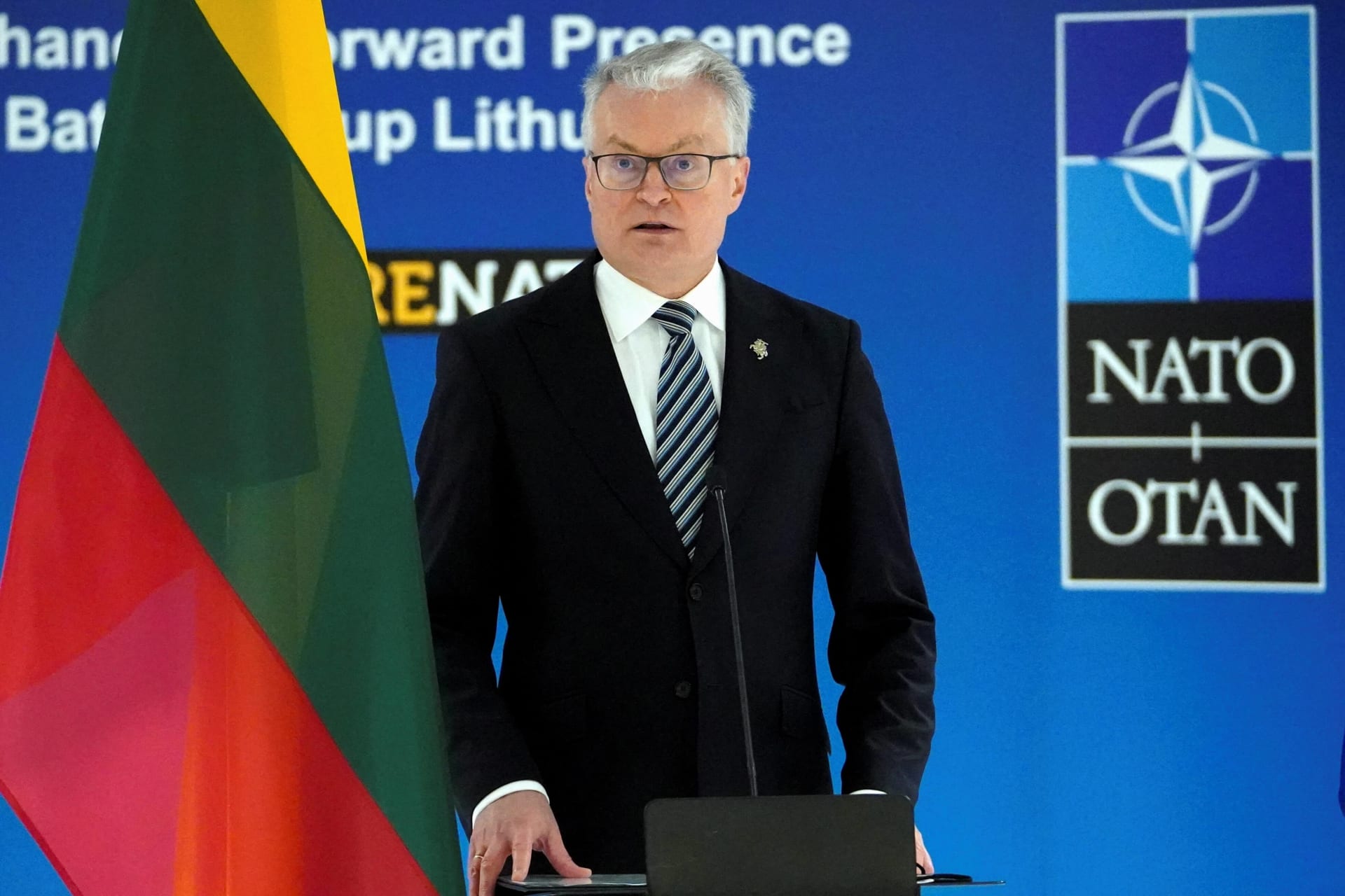<p>Lithuanian President Gitanas Nauseda speaks during a news conference in Rukla, Lithuania, on February 9, 2022.</p>
