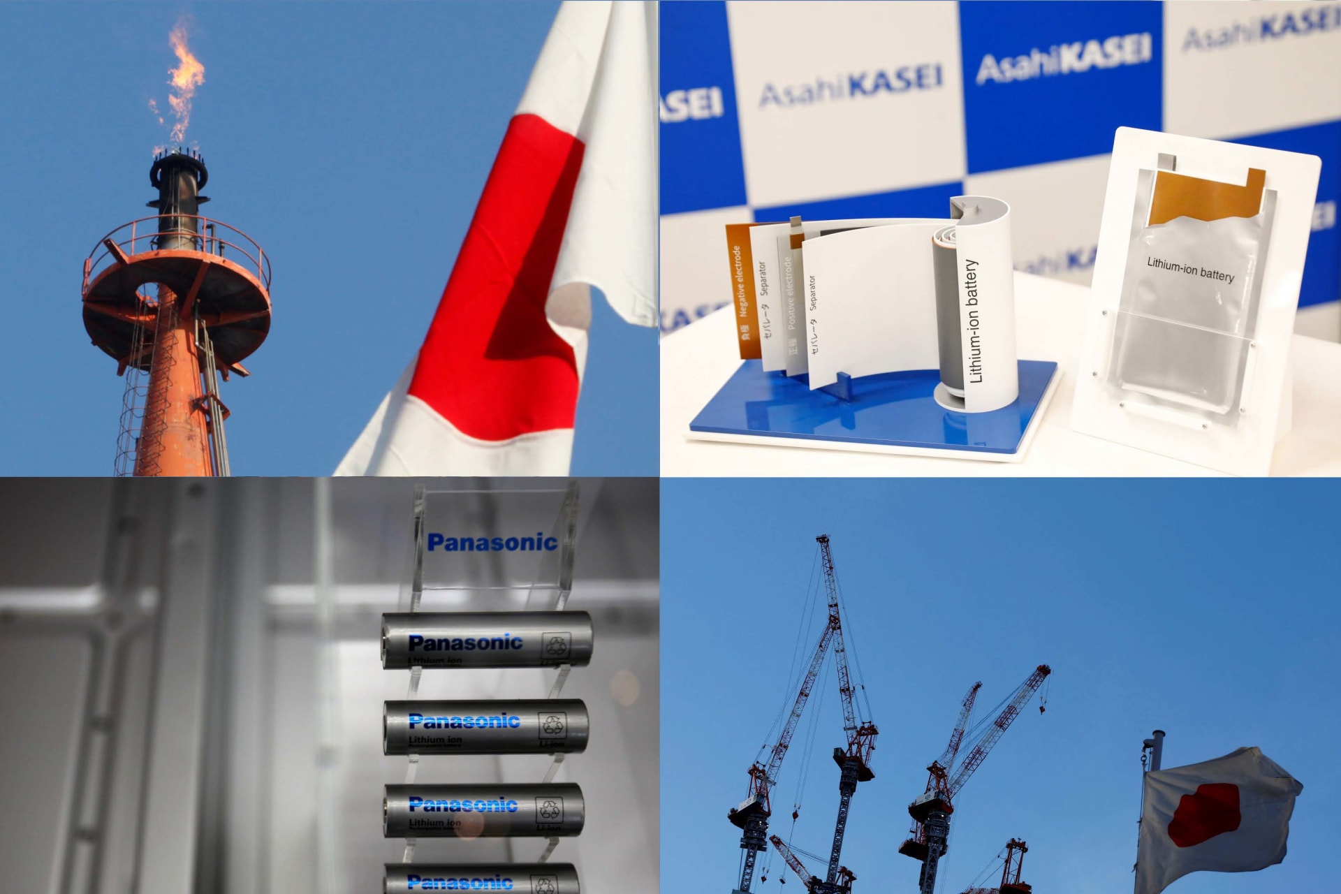 <p>Japan’s flag at a steel plant at Keihin industrial zone. Panasonic Corp’s lithium-ion batteries displayed at the Panasonic Center. Japan’s flag in front of a commercial construction site. Mock of lithium-ion battery displayed at Asahi Kasei Corporation. </p>
