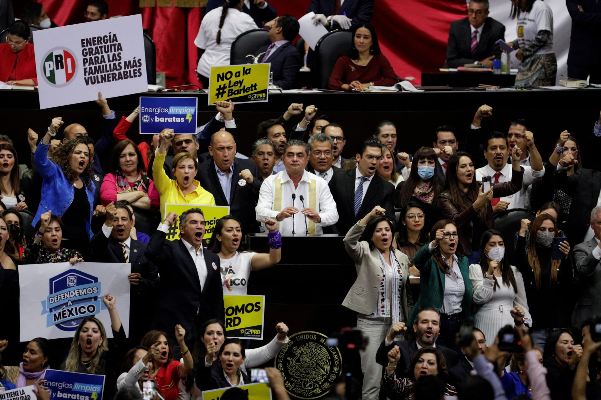 <p>Mexican legislators protest a constitutional reform of the country’s energy sector.</p>
