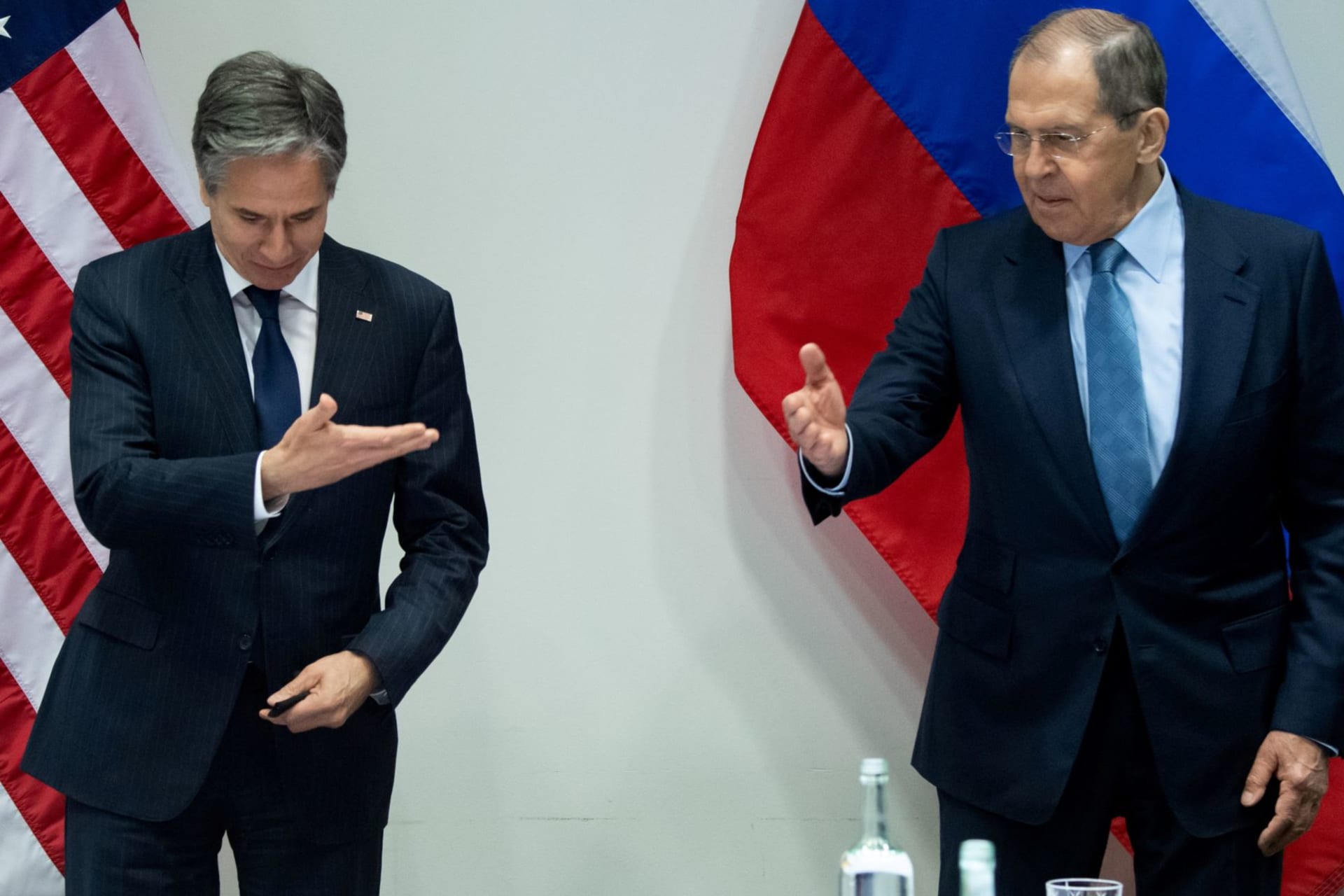 <p>U.S. Secretary of State Antony Blinken and Russian Foreign Minister Sergey Lavrov gesture as they arrive for a meeting on the sidelines of the Arctic Council Ministerial summit, in Reykjavik, Iceland, on May 19, 2021. </p>
