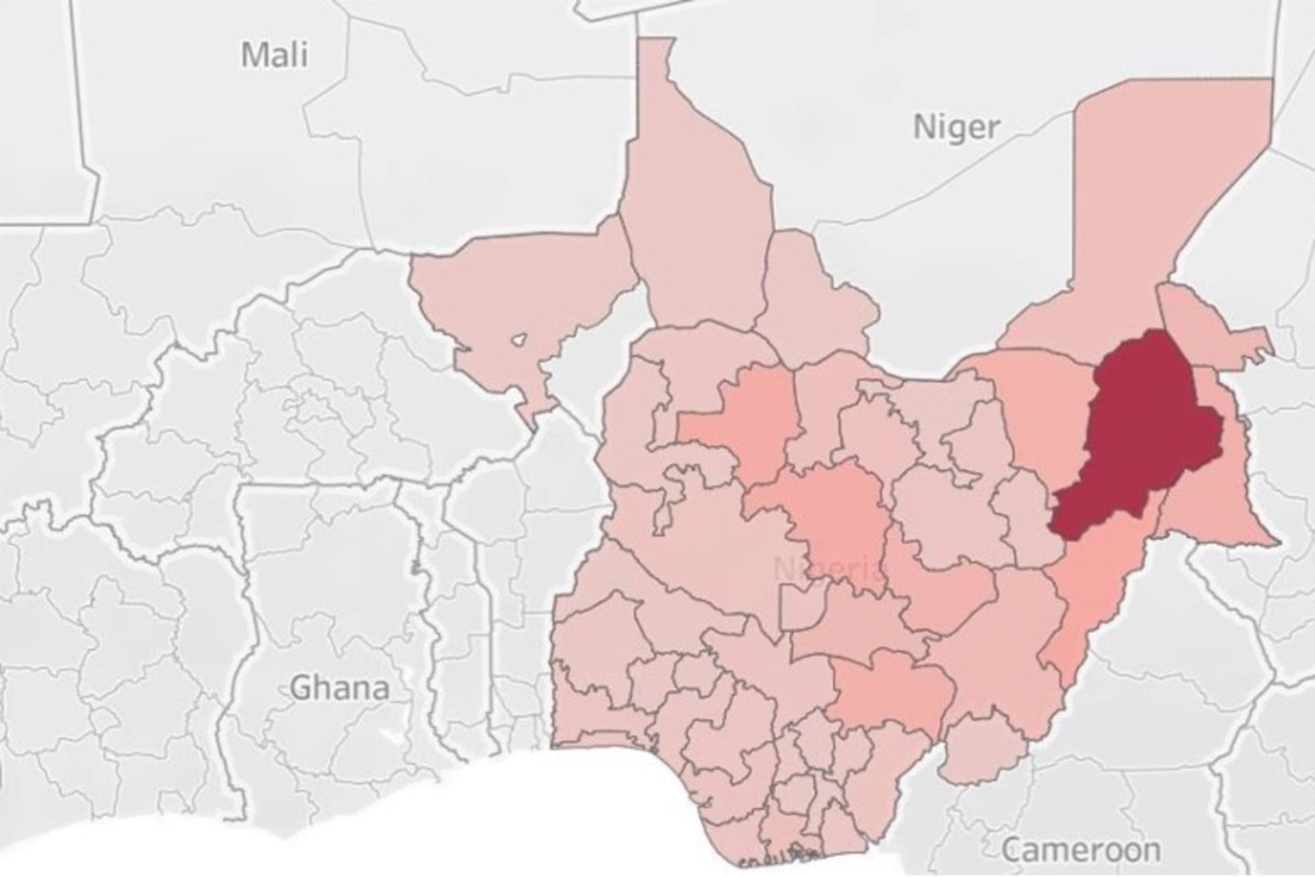 <p>The map depicts deaths by state. Borno State, in Nigeria’s North East, is the epicenter of Boko Haram-related violence, which has also spilled into neighboring Adamawa and Yobe states, among others.</p>
