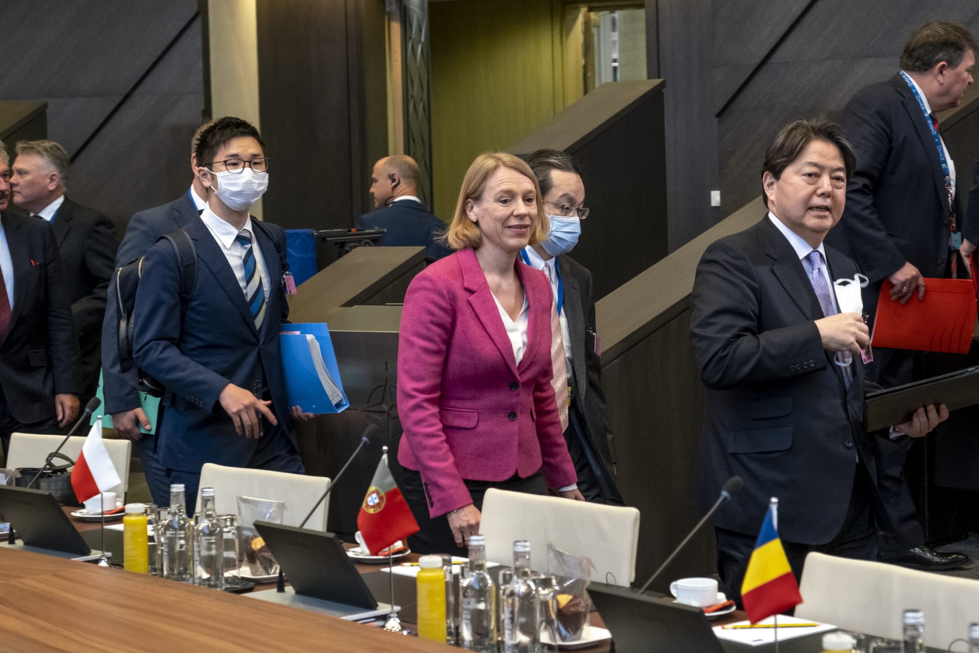 <p>Foreign Minister for Japan Yoshimasa Hayashi and Foreign Minister for Norway Anniken Huitfeldt at the meeting of NATO Ministers of Foreign Affairs, NATO Headquarters, Brussels, April 7, 2022</p>

