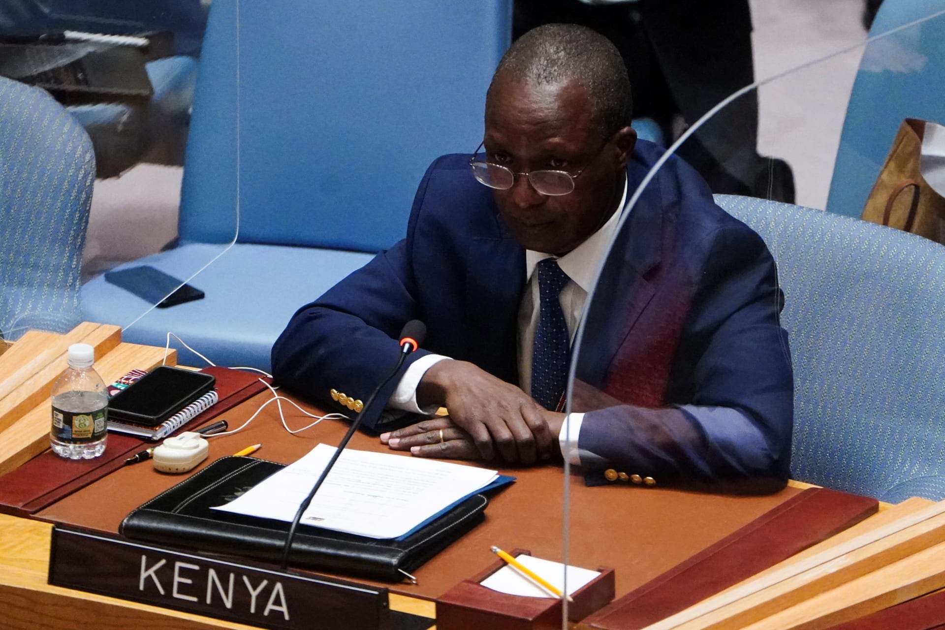 <p>Kenya’s Ambassador to the U.N. Martin Kiman attends the United Nations Security Council meeting following Russia’s invasion of Ukraine, in New York City on March 11, 2022.</p>
