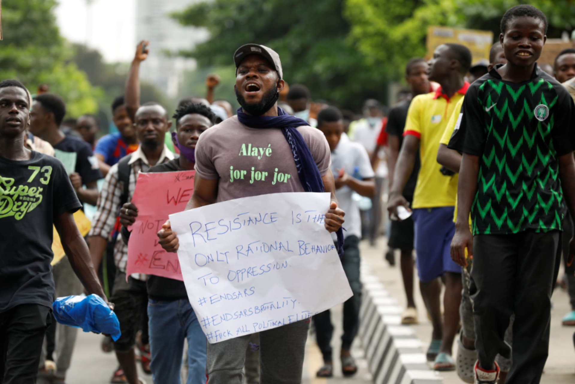 <p>Nigerians protest against violence from Nigeria’s Special Anti-Robbery Squad (SARS), in Lagos, Nigeria on October 2020.</p>
