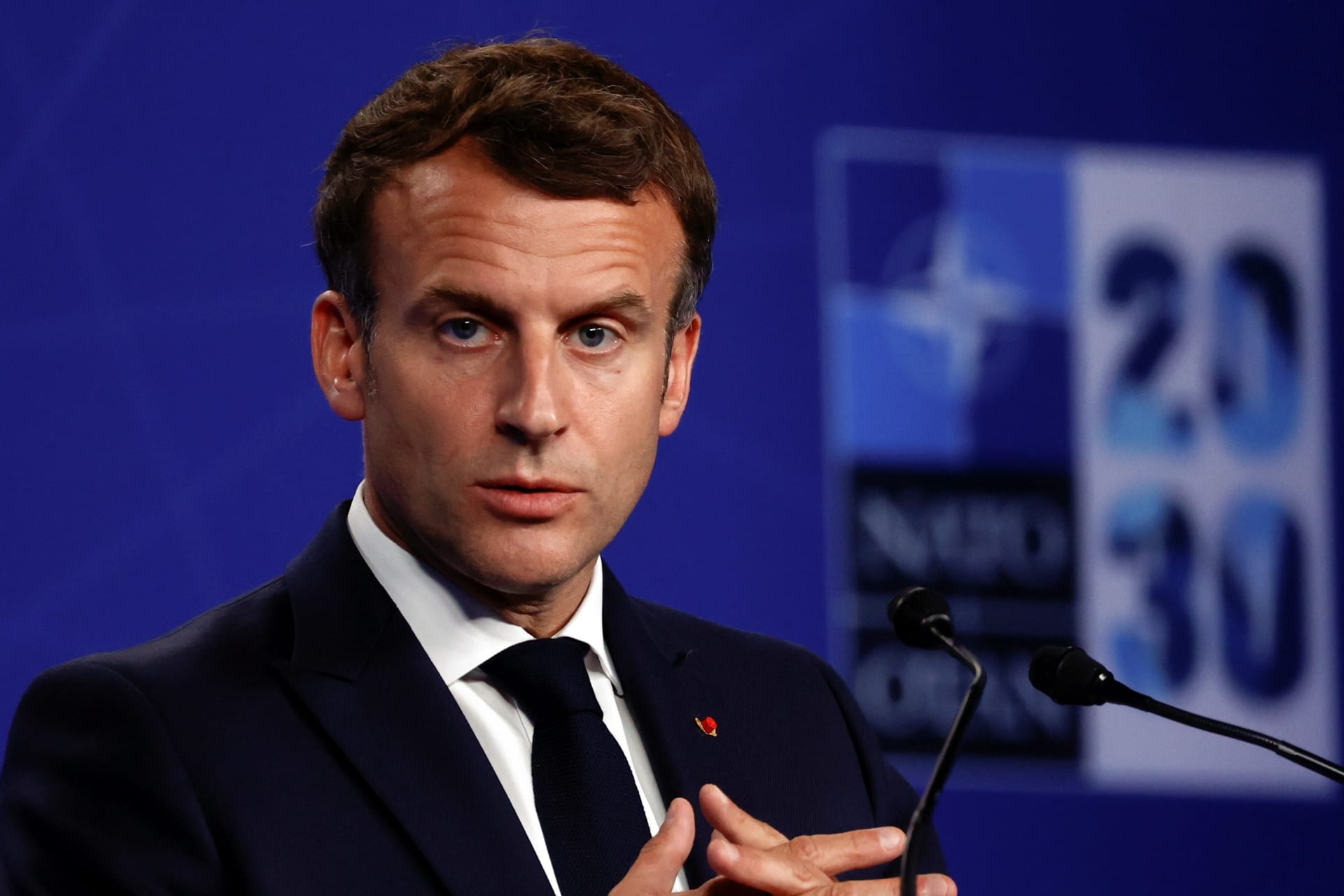 <p>French President Emmanuel Macron speaks at a news conference during a NATO summit in 2021. France currently holds the presidency of the European Union.</p>
