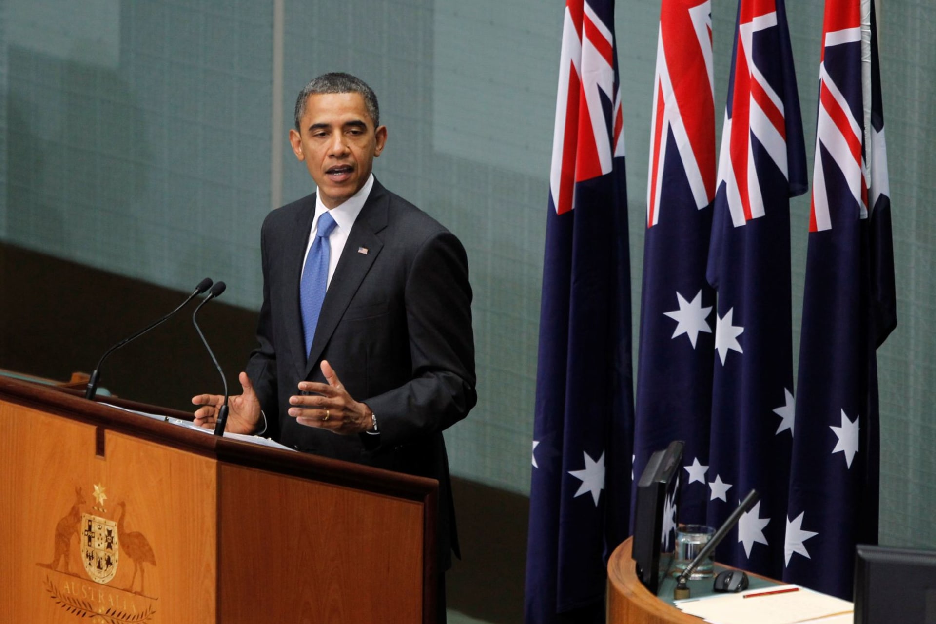 <p>President Barack Obama announces the pivot to Asia in a speech to the Australian Parliament on November 17, 2011</p>
