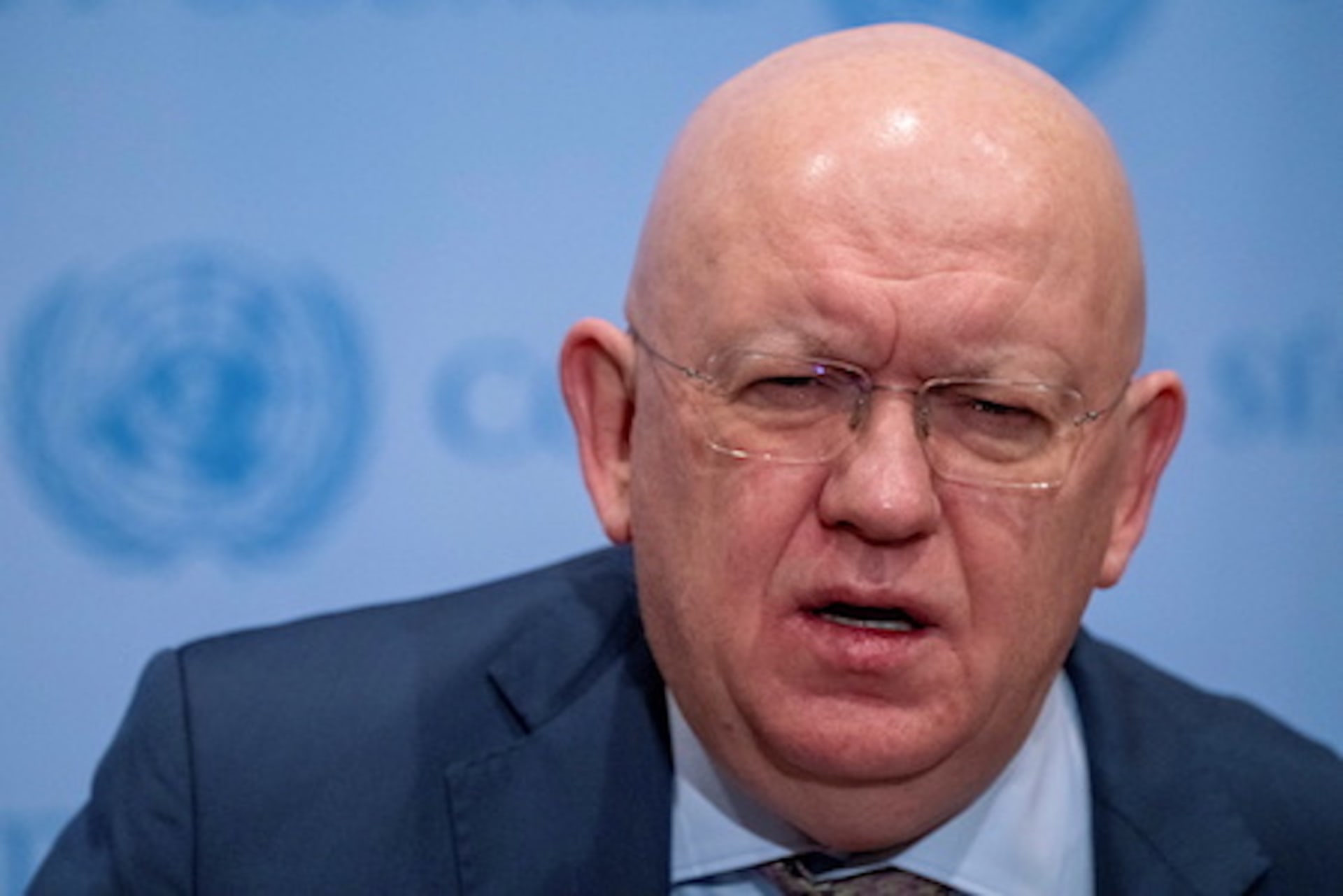 <p>Russia’s Ambassador to the United Nations Vassily Nebenzia speaks during a news conference at the United Nations Headquarters, following Russia’s invasion of Ukraine, in New York City, U.S., on March 15, 2022.</p>
