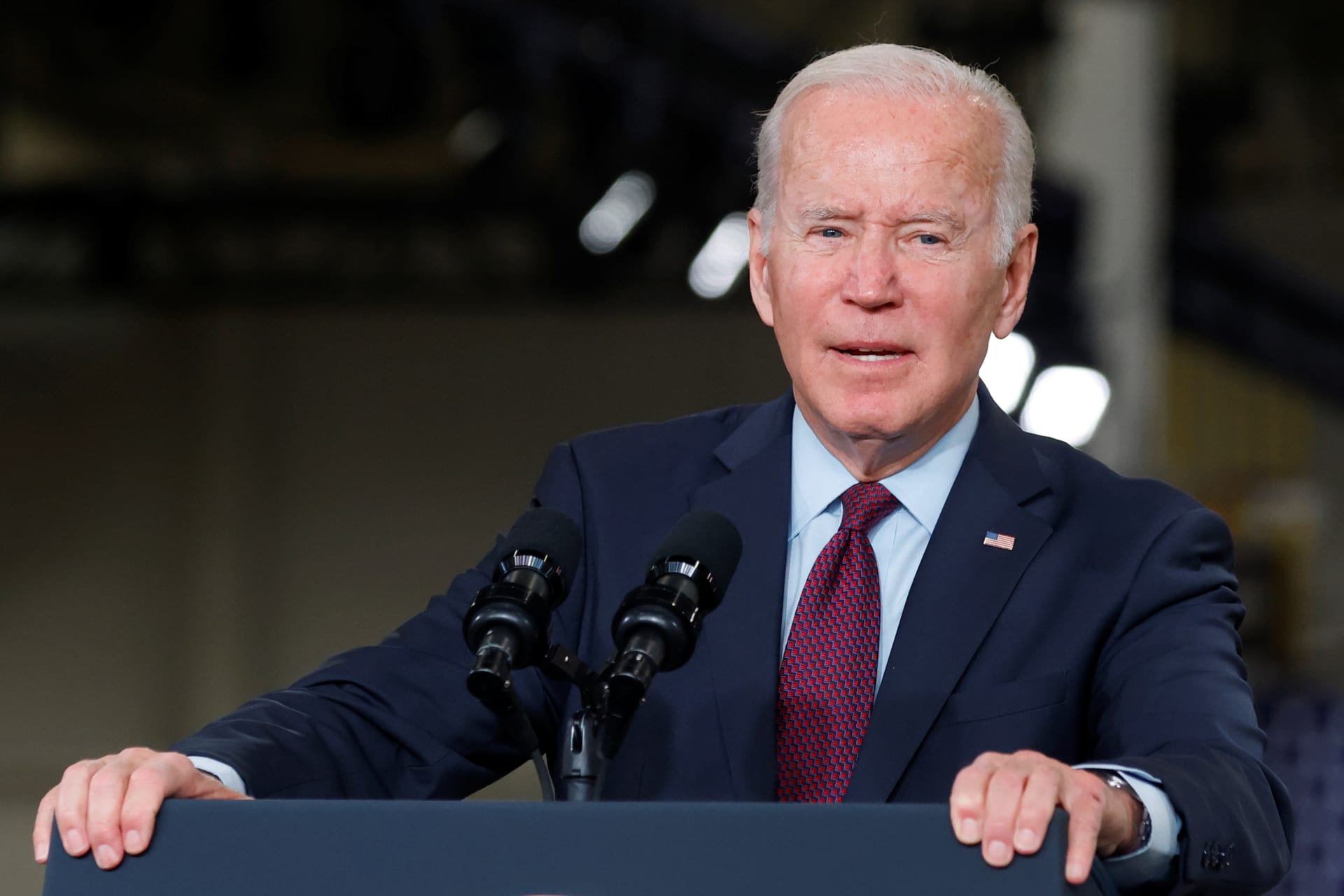 <p>President Joe Biden speaks after touring a General Motors plant in November 2021.</p>

