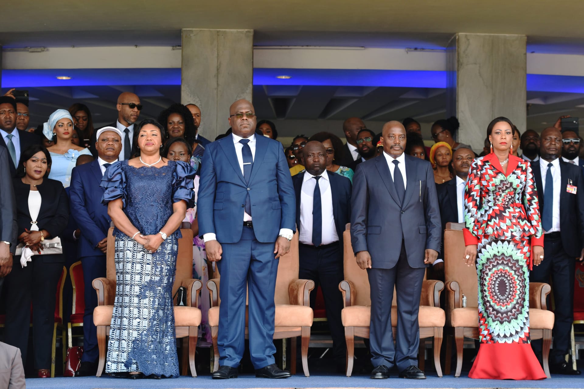 <p>Democratic Republic of Congo’s outgoing President Joseph Kabila and his successor Felix Tshisekedi stand during an inauguration ceremony where Tshisekedi will be sworn into office at the Palais de la Nation in Kinshasa, DRC on January 24, 2019.</p>
