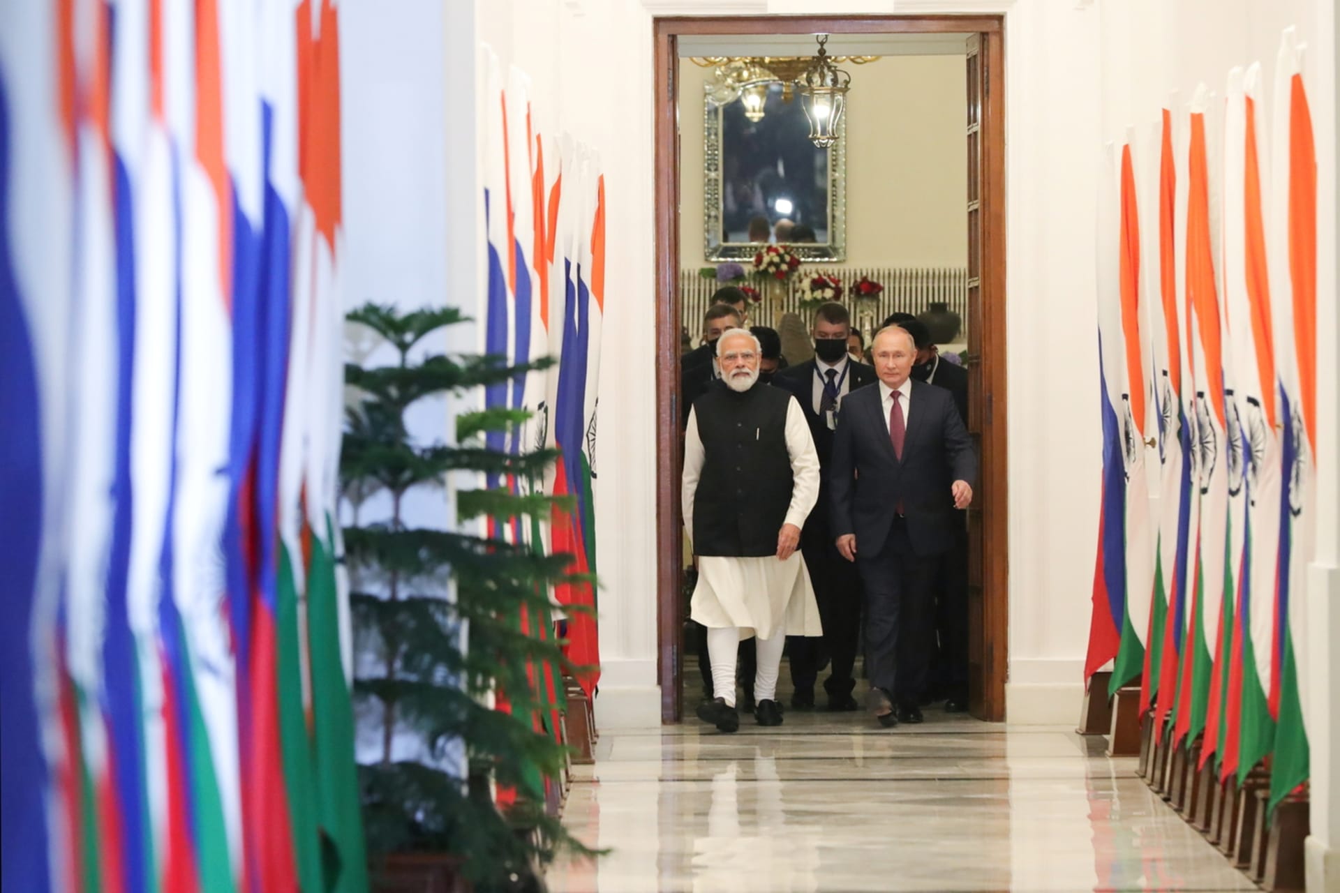<p>Russia’s President Vladimir Putin attends a meeting with India’s Prime Minister Narendra Modi in New Delhi, India, December 6, 2021.</p>
