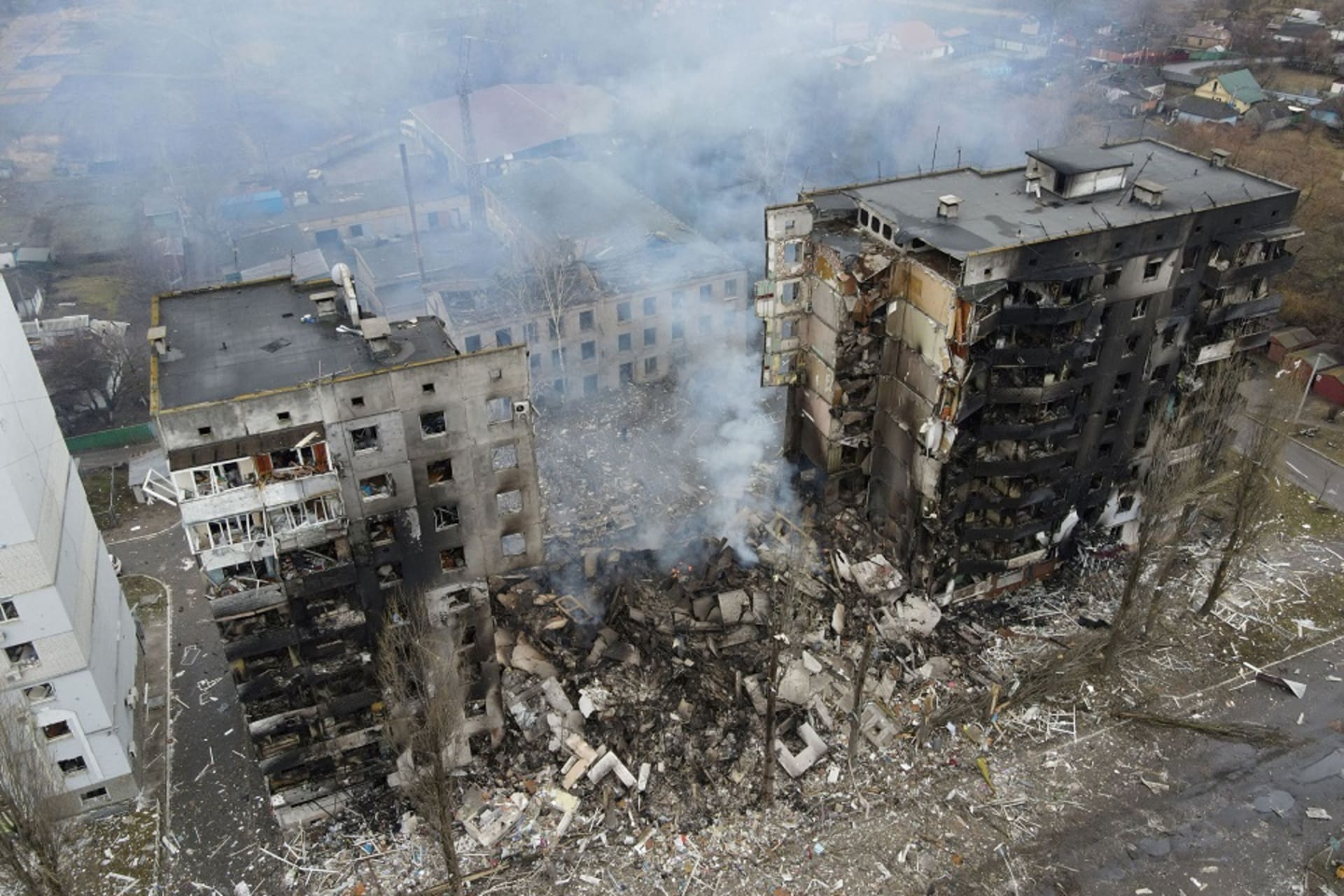 <p>An aerial view shows a residential building destroyed by shelling, as Russia’s invasion of Ukraine continues, in the settlement of Borodyanka in the Kyiv region, Ukraine, on March 3, 2022.</p>
