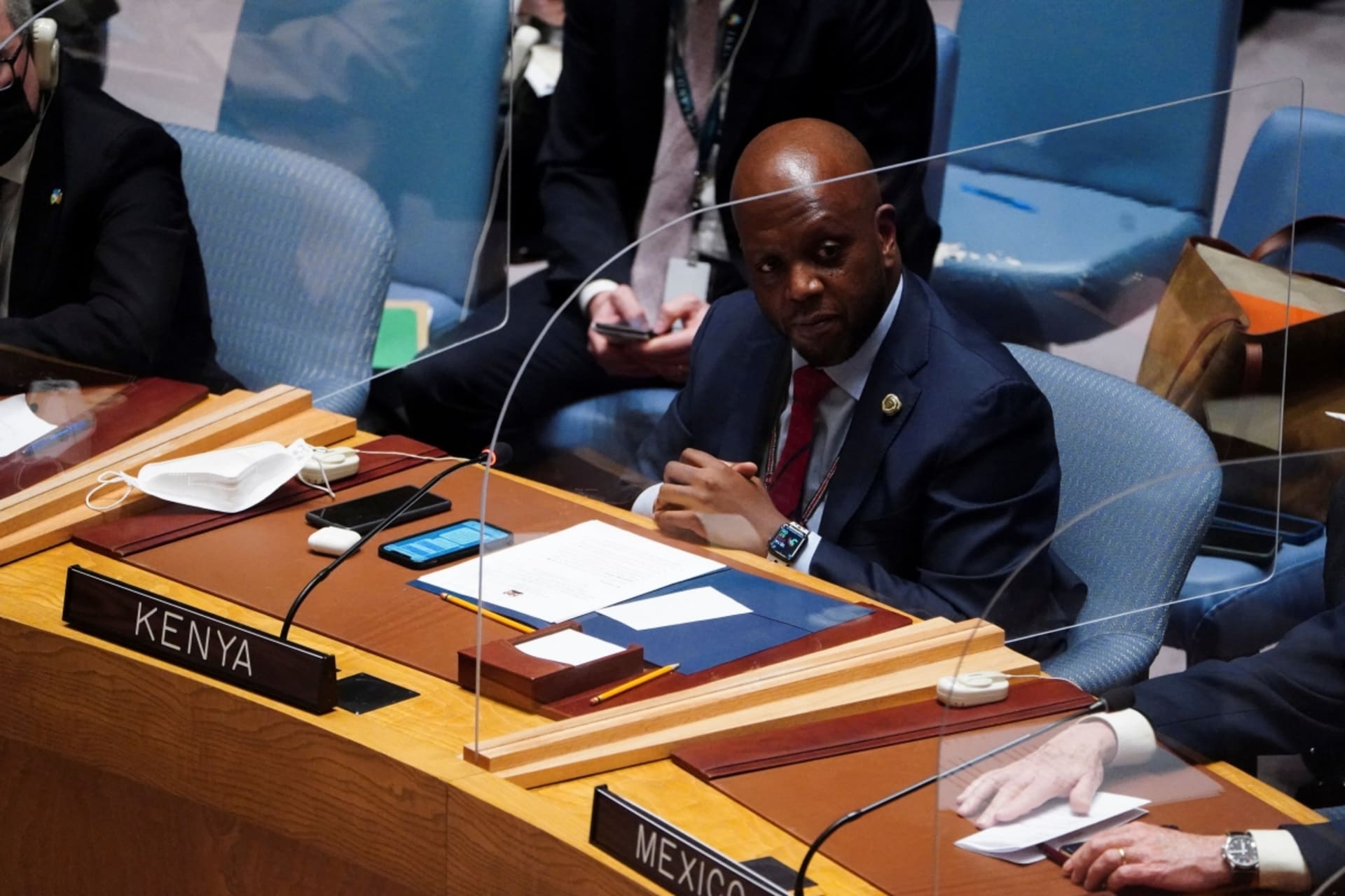 <p>Kenya’s Ambassador to the UN Martin Kimani listens during a UN Security Council meeting, on a resolution regarding Russia’s actions towards Ukraine, at the UN Headquarters in New York City, United States on February 25, 2022.</p>
