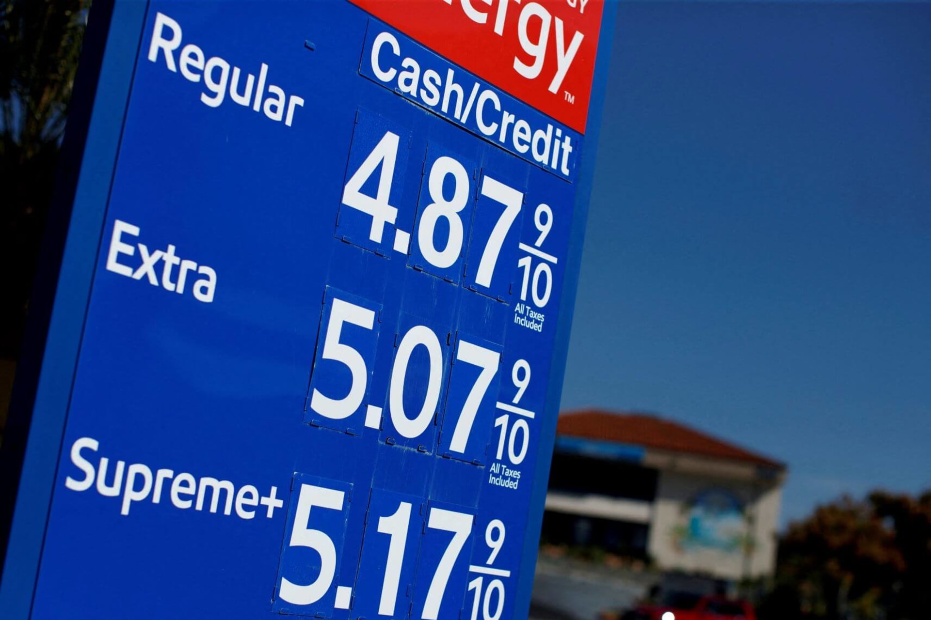 <p>Gas prices grow along with inflation as this sign at a gas station shows in San Diego</p>
