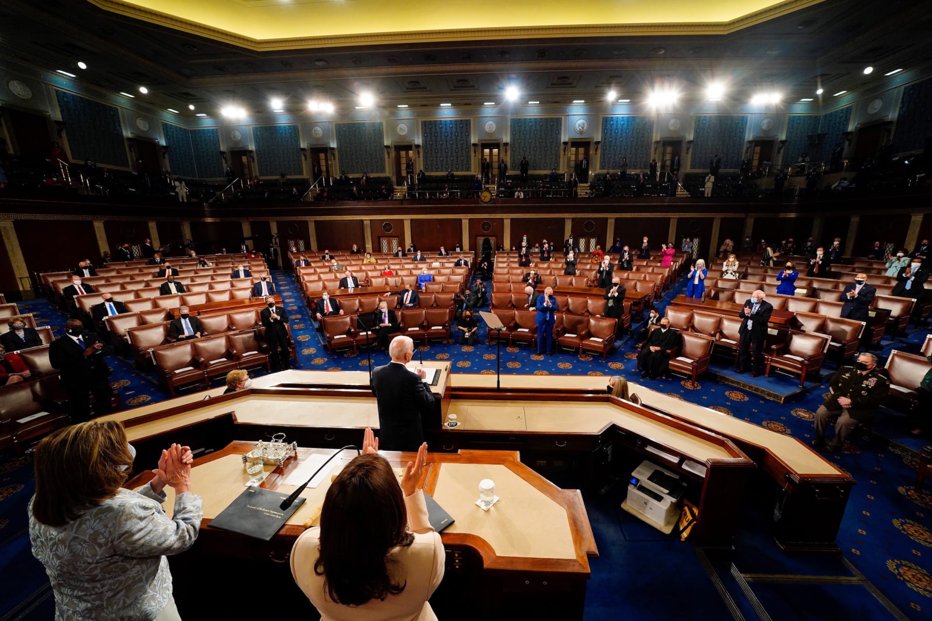 <p>President Joe Biden delivers his first annual address to Congress before a limited audience on April 29, 2021. </p>
