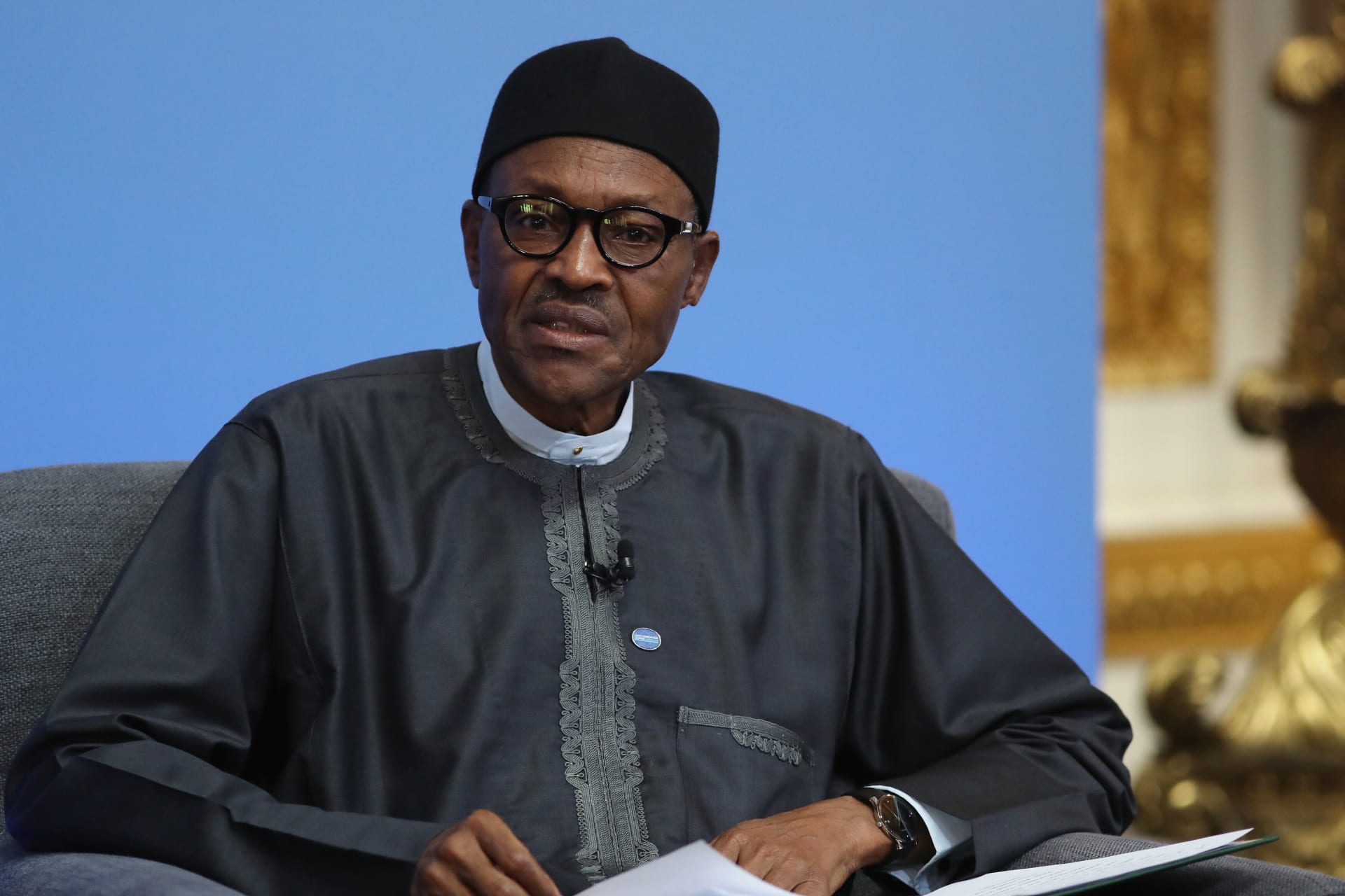 <p>Nigerian President Muhammadu Buhari speaks at the international anticorruption summit in London, England on May 2016.</p>
