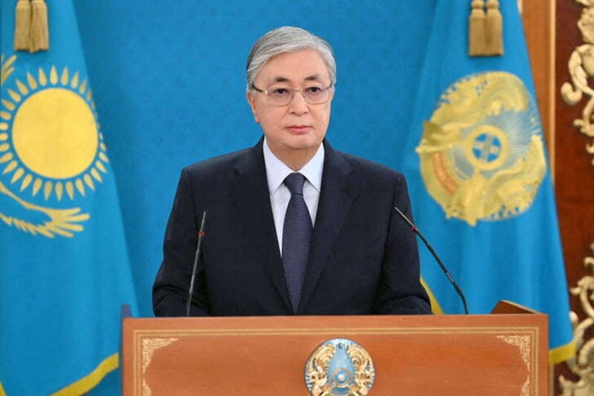 <p>Kassym-Jomart Tokayev, president of Kazakhstan, speaks during a televised address on January 7, 2022 in the midst of unrest throughout the country..</p>
