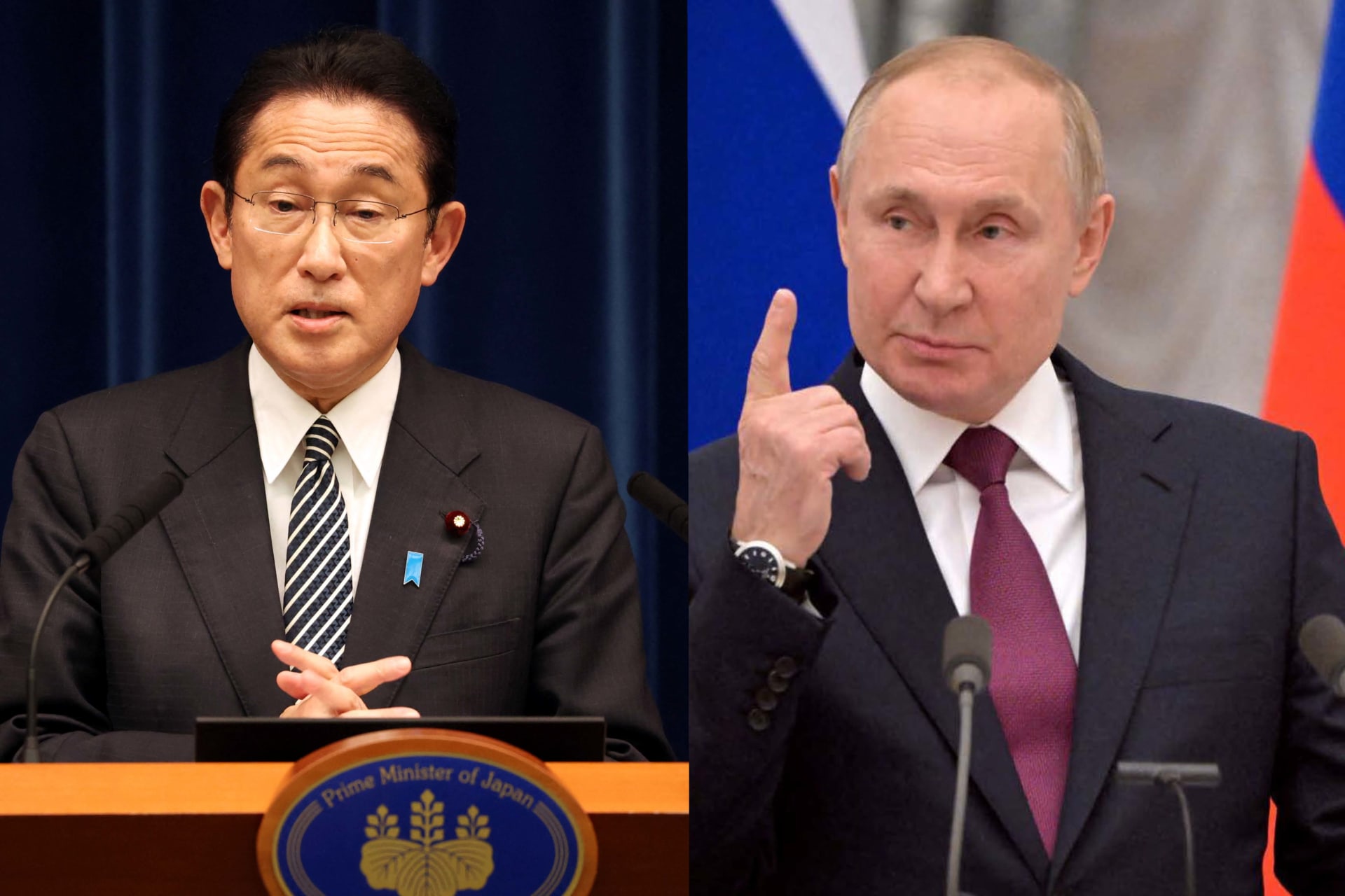 <p>Japanese Prime Minister Fumio Kishida in Tokyo, Japan December 21, 2021, and Russian President Vladimir Putin in Moscow, Russia February 15, 2022</p>