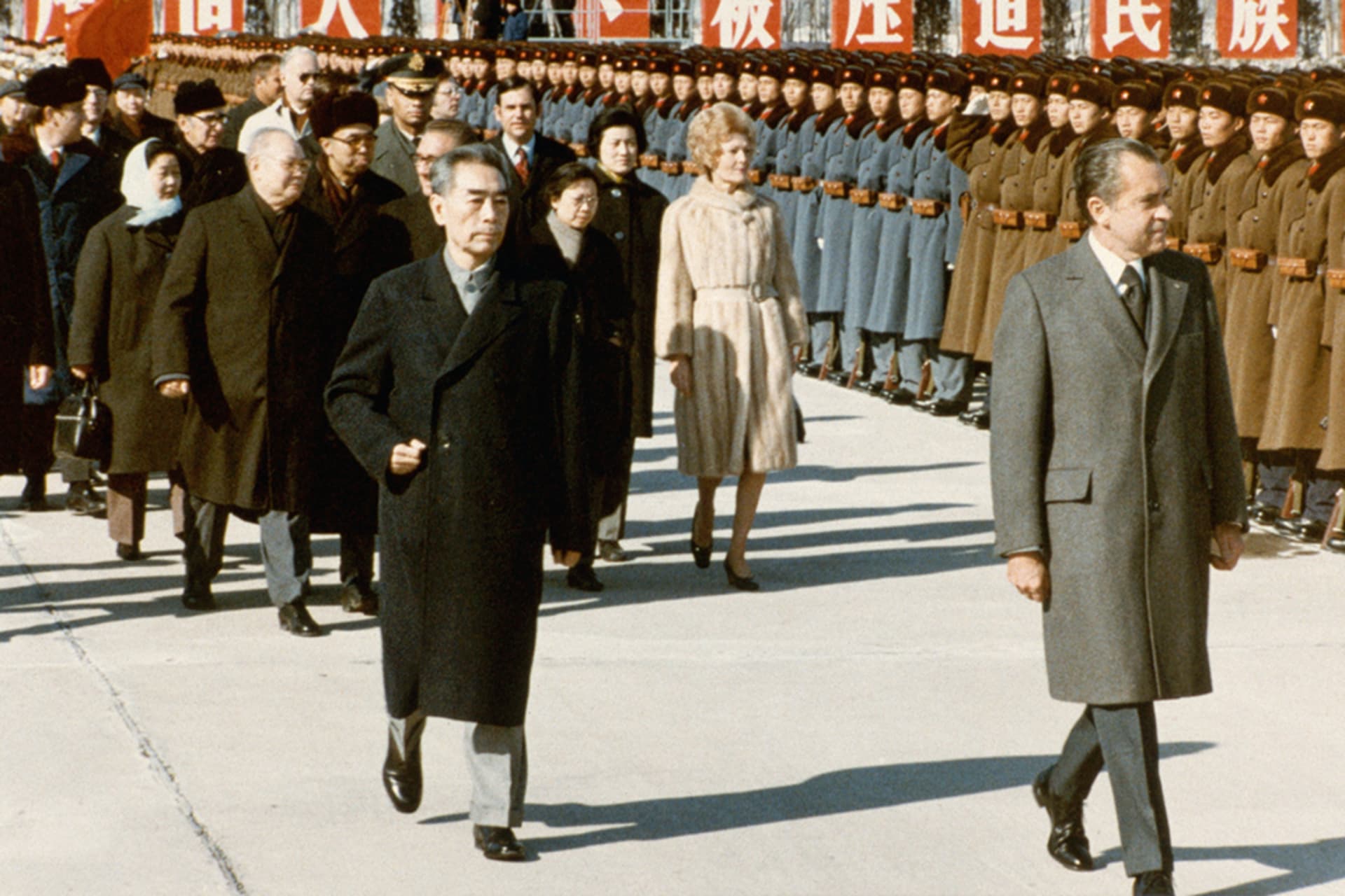 <p>President Nixon inspects assembled Chinese soldiers with Premier Zhou Enlai.</p>
