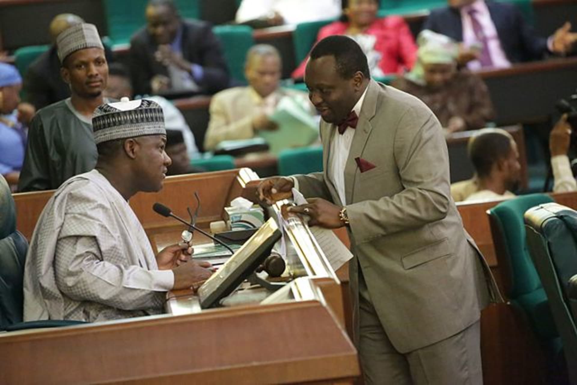 <p>Comissioner Abdussamad Dasuki with the Speaker of the Nigerian House of Representatives, Rt. Hon. Yakubu Dogara during plenary on June 7, 2016.</p>
