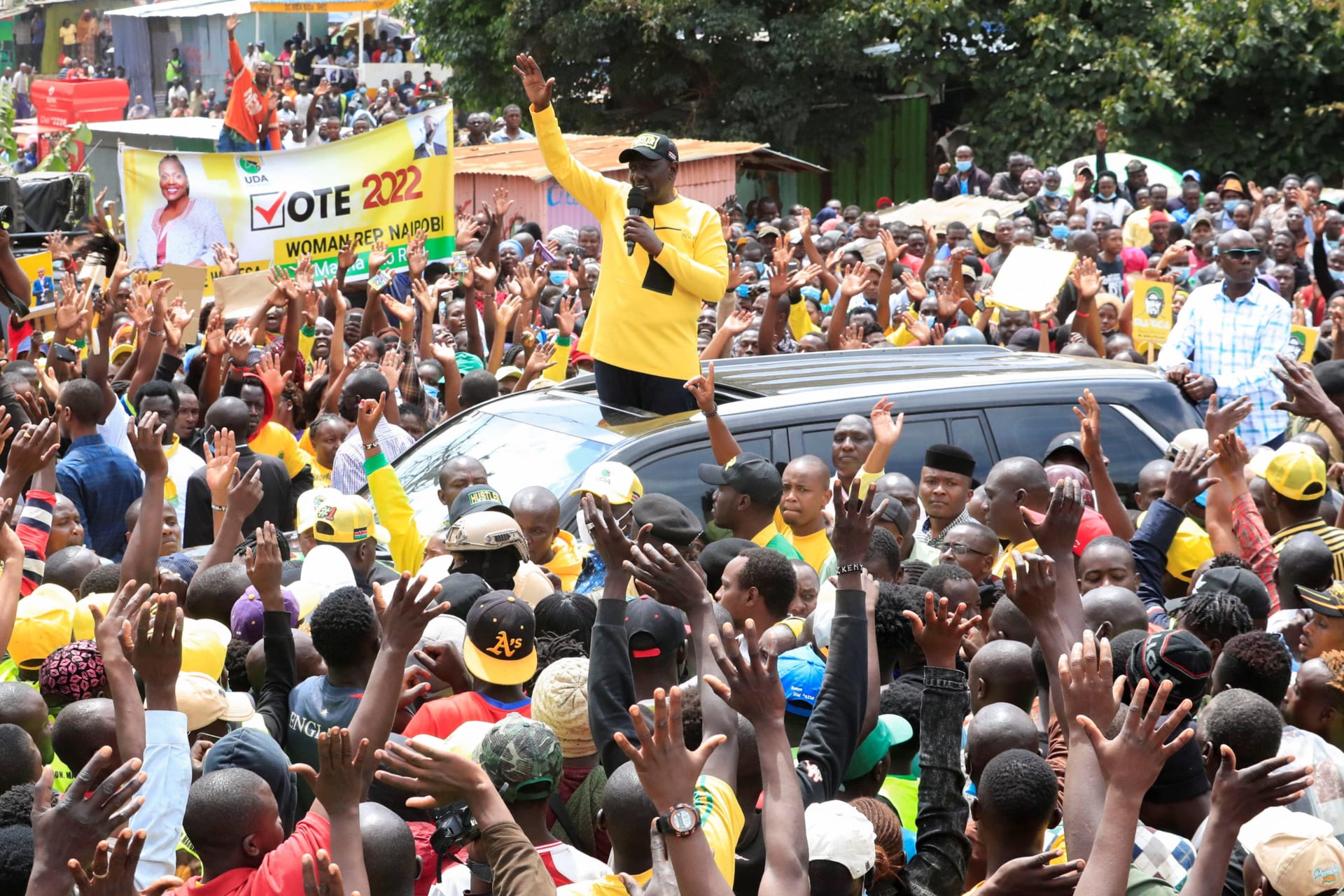 <p>William Ruto, Kenya’s deputy president and presidential candidate under United Democratic Alliance (UDA) party, addresses a campaign rally ahead of the forthcoming elections in Kibera district of Nairobi, Kenya on January 18, 2022.</p>
