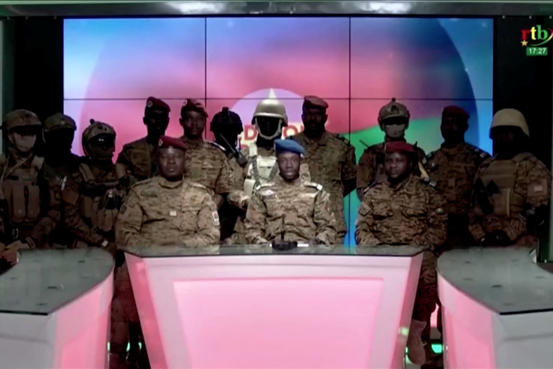 <p>Captain Sidsore Kader Ouedraogo, spokesman for the Patriotic Movement for Safeguarding and Restoration, announces that the army has taken control of the country in Ouagadougou, Burkina Faso on January 24, 2022.</p>
