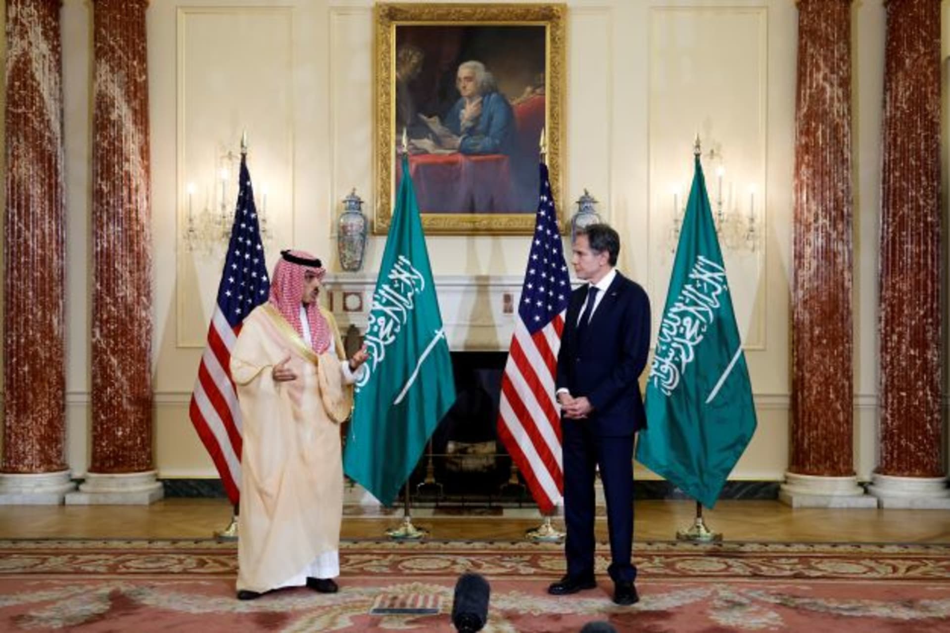 <p>U.S. Secretary of State Antony Blinken and Saudi Arabia’s Foreign Minister Faisal bin Farhan Al-Saud deliver remarks to reporters before meeting at the State Department in Washington, U.S., October 14, 2021</p>

