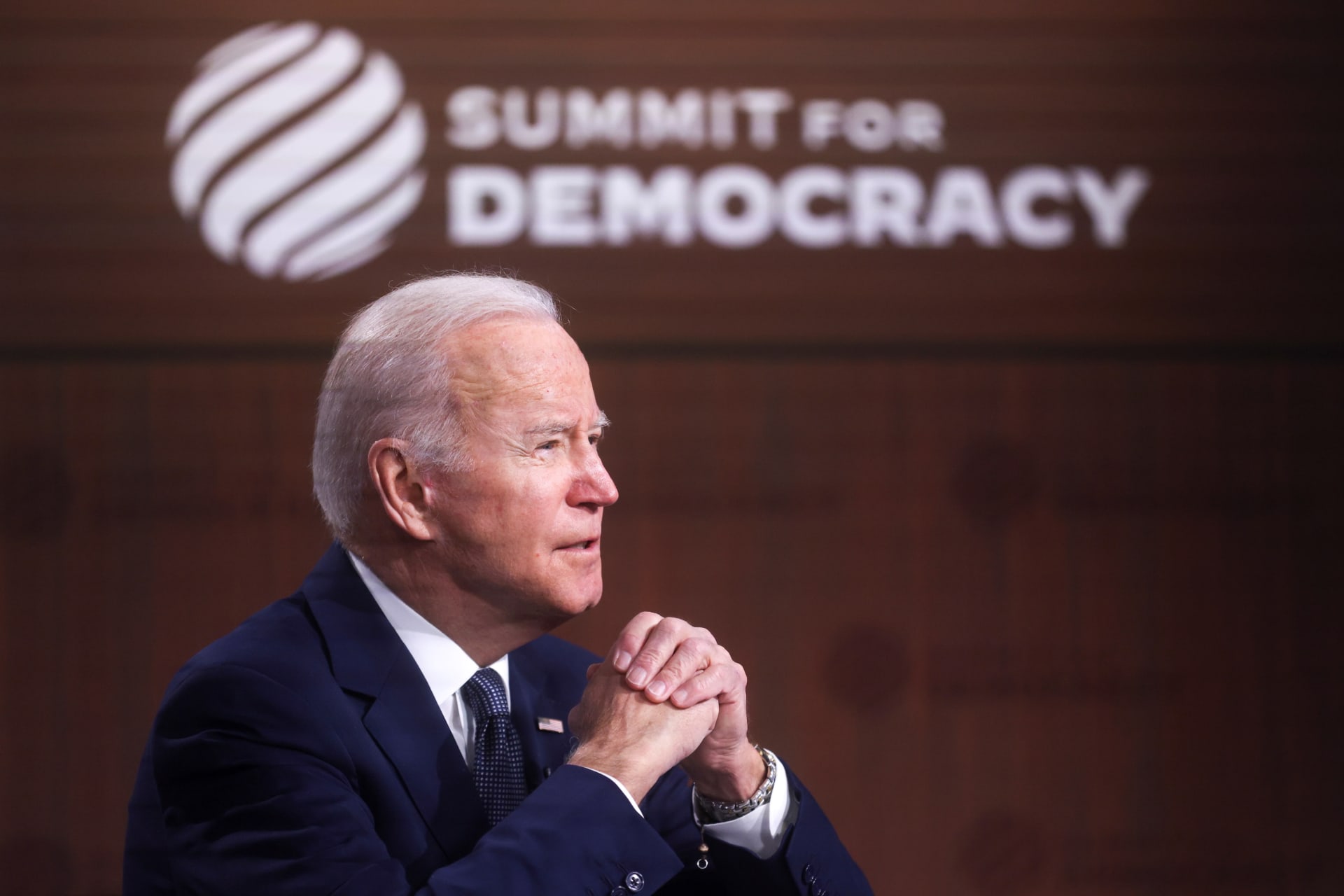 <p>U.S. President Joe Biden convenes a virtual summit with leaders from democratic nations at the State Department’s Summit for Democracy, at the White House in Washington, DC on December 9, 2021.</p>

