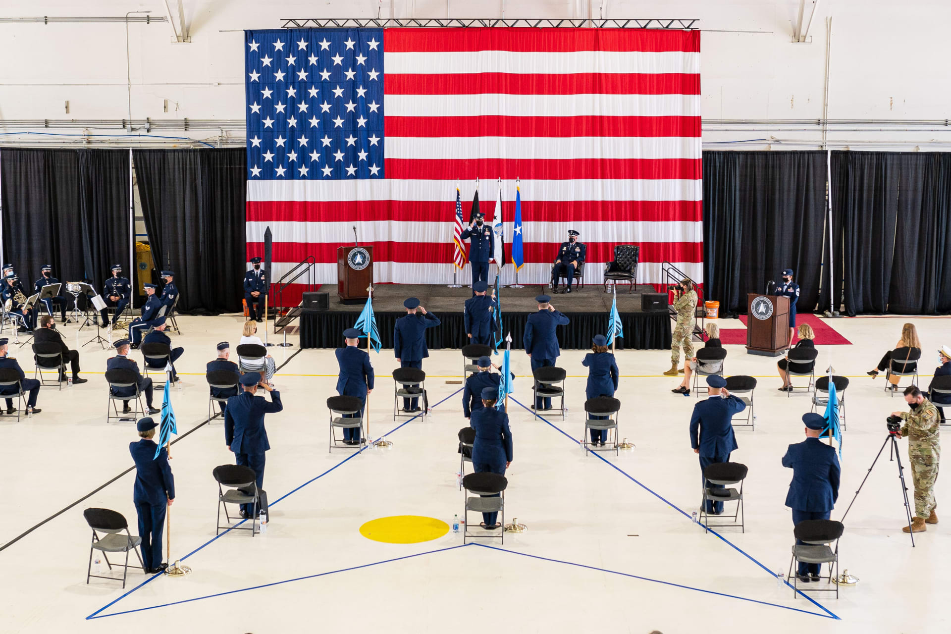 <p>U.S. Space Force Guardians salute Brigadier General Shawn N. Bratton after he assumed command of the Space Training and Readiness Command on August 23, 2021. </p>
