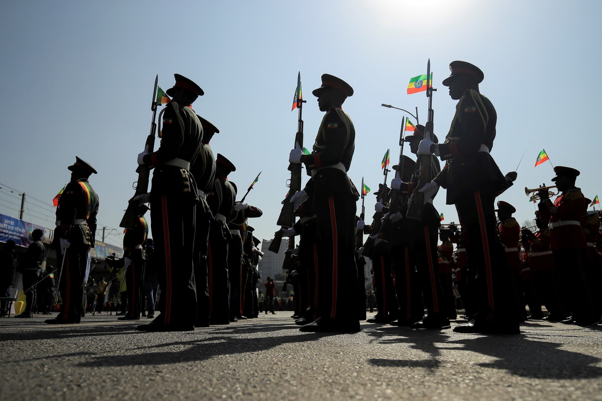 <p>The Ethiopian National Defense Force marches during a pro-government rally denouncing alleged meddling by the Tigray People’s Liberation Front and Western powers in Ethiopia’s internal affairs at Meskel Square in Addis Ababa, Ethiopia on November 7, 2021.</p>
