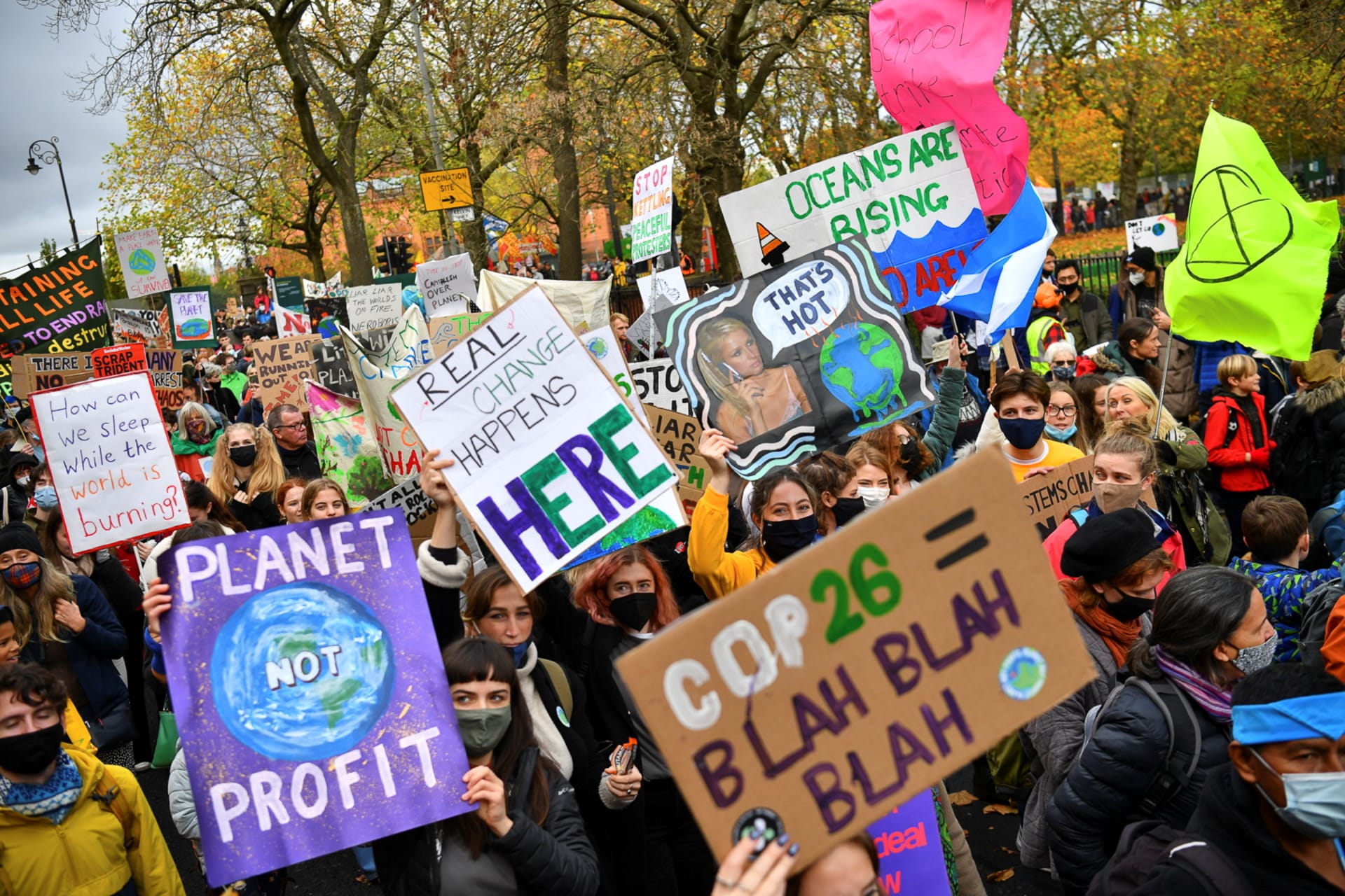 <p>Demonstrators participate in the Fridays for the Future march on November 5, 2021, in Glasgow, Scotland.</p>
