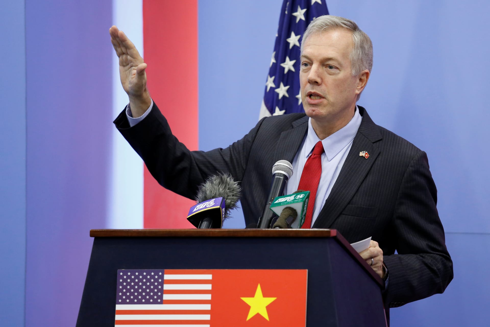 <p>U.S. Ambassador to Vietnam, Ted Osius, speaks during a news conference in Hanoi, Vietnam on November 2, 2017.</p>
