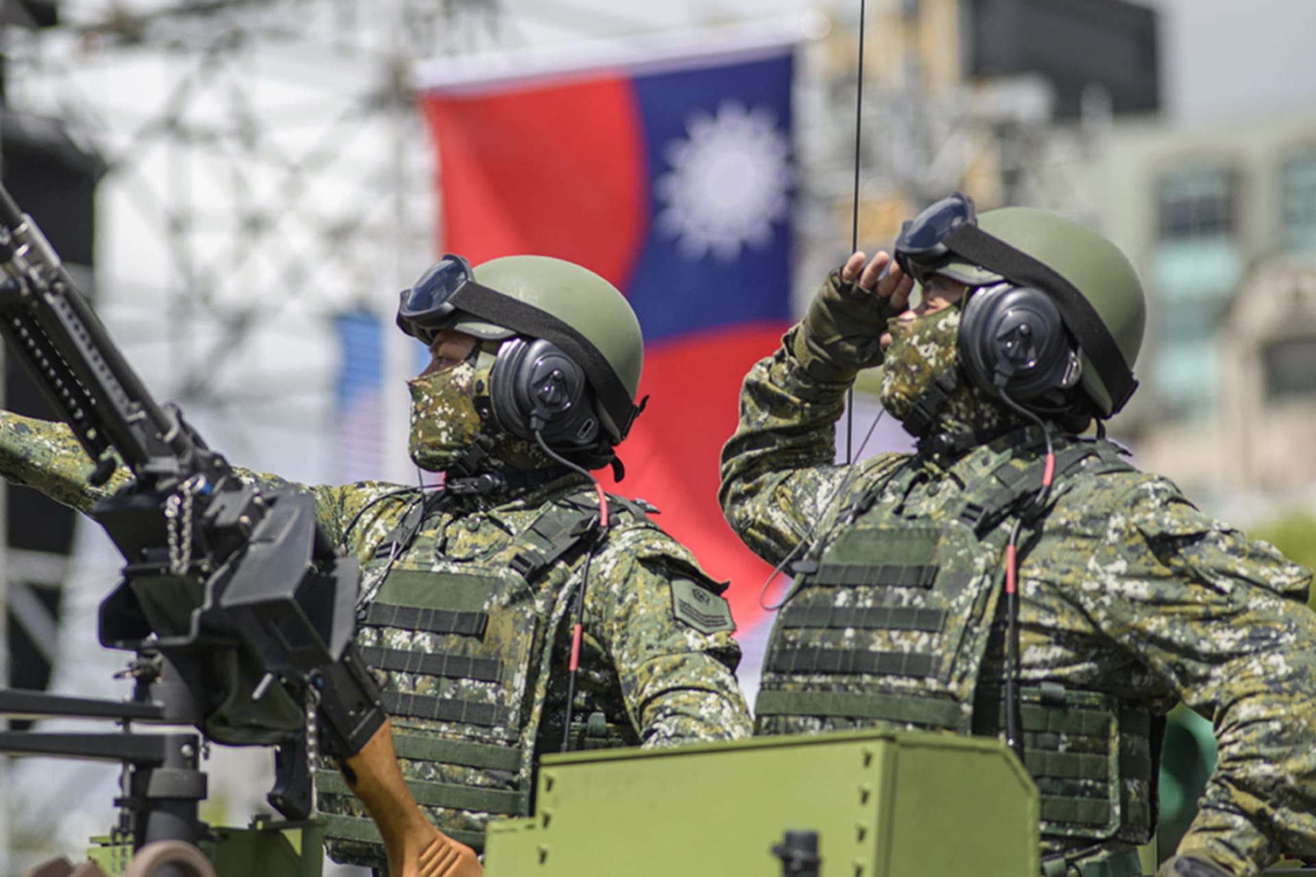 <p>Armored vehicles from Taiwan’s military parade in front of the presidential palace on Taiwan’s 110th birthday. </p>
