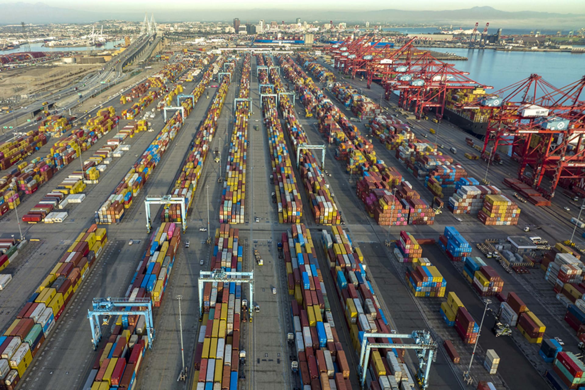 <p>Shipping containers are stacked at the Port of Long Beach, California, in November 2021.</p>
