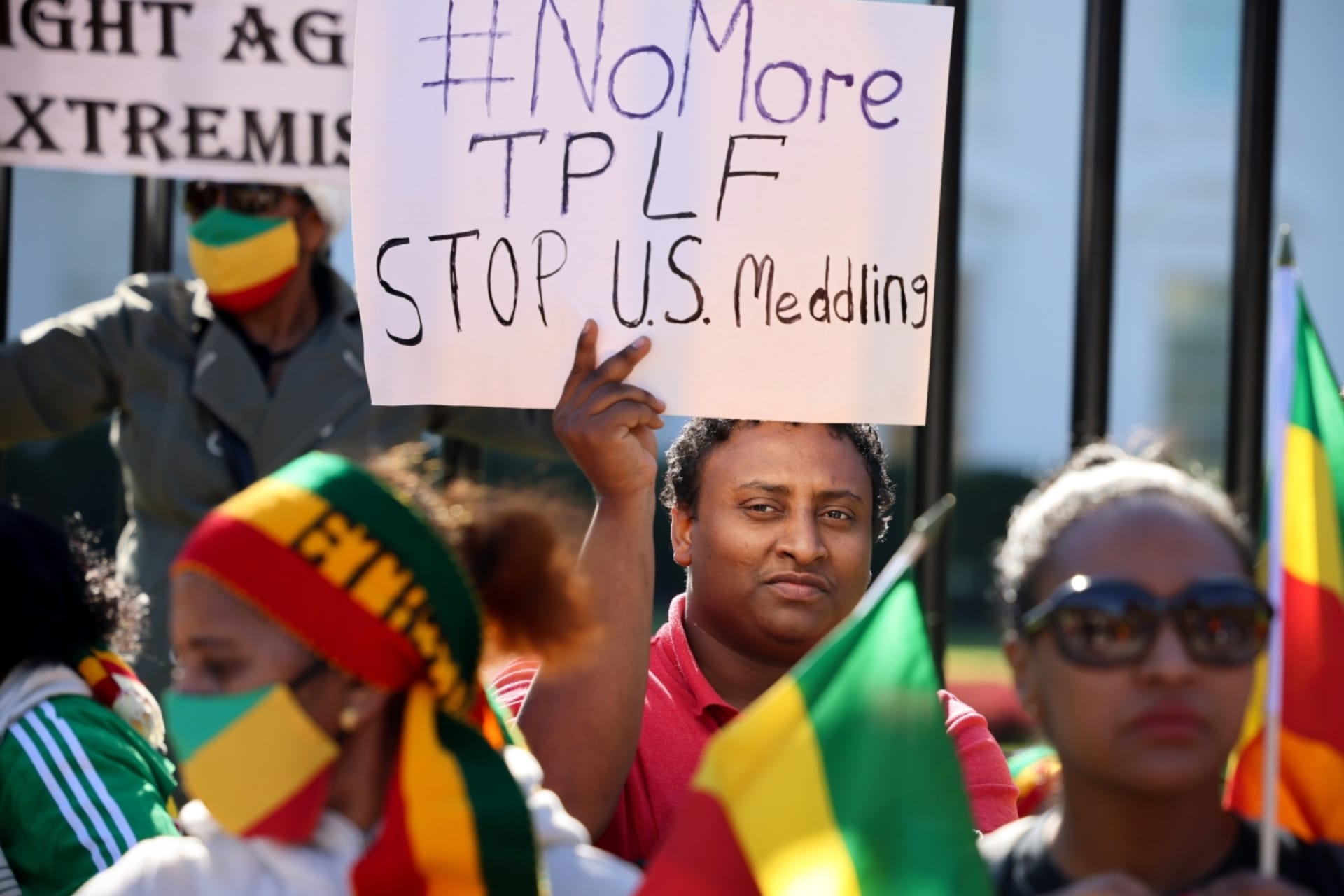 <p>Demonstrators hold a protest to denounce the United States stance on the conflict in Ethiopia, outside the White House in Washington, D.C., U.S. on November 8, 2021.</p>
