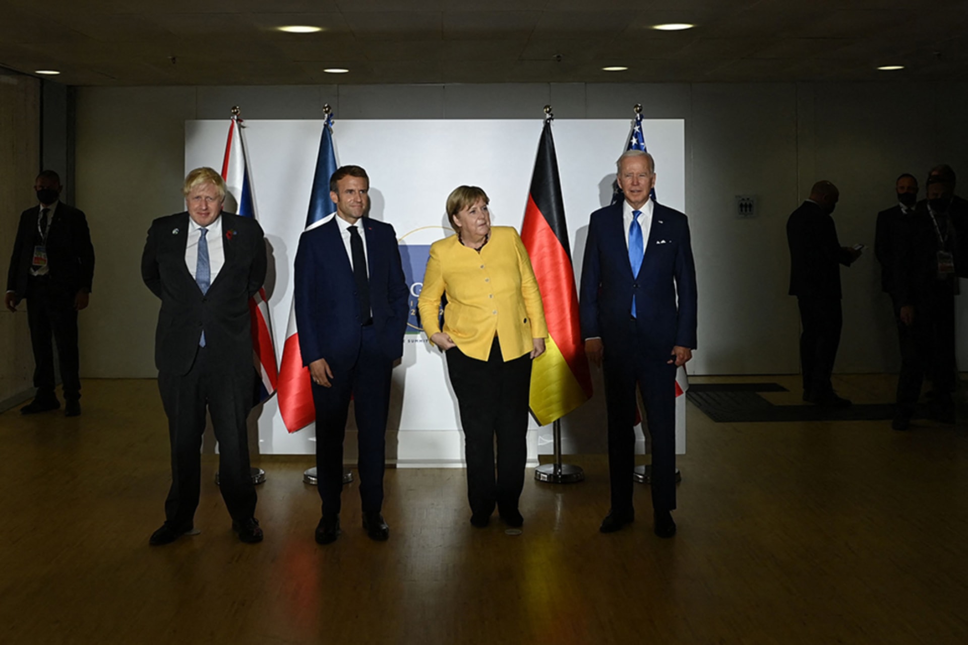 <p>British Prime Minister Boris Johnson, French President Emmanuel Macron, German outgoing Chancellor Angela Merkel, and US President Joe Biden pose within a meeting about the JCPOA on the sidelines of the G20 of World Leaders Summit</p>
