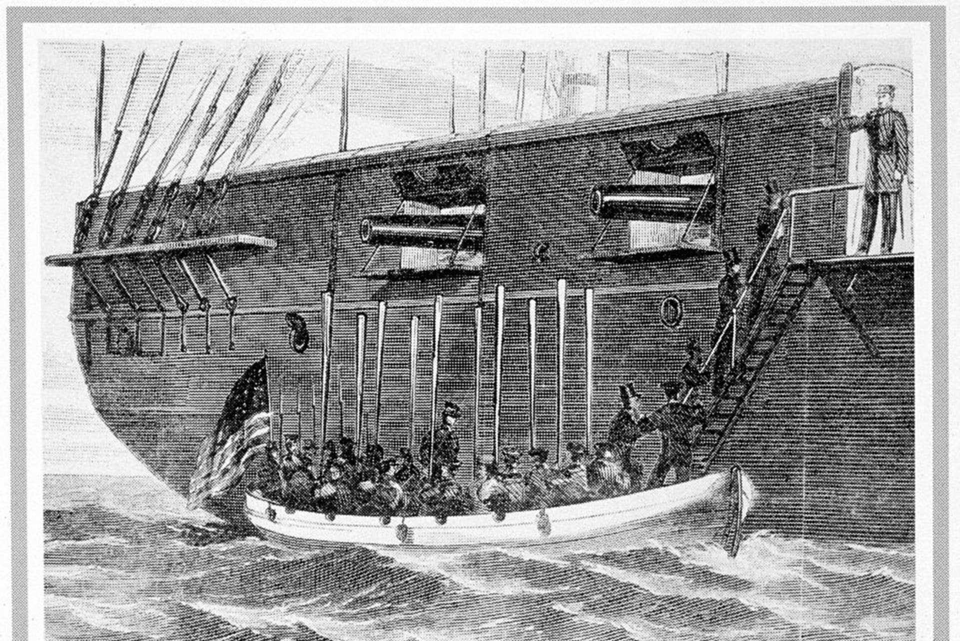 <p>The USS San Jacinto takes captured Confederate envoys aboard on November 8, 1861.</p>

