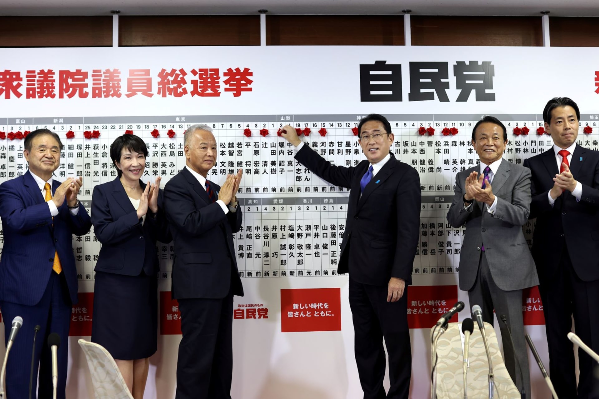 <p>Japan’s Prime Minister and ruling Liberal Democratic Party leader Fumio Kishida poses with key party members as he puts rosettes on a board with names of successful general election candidates, at the party headquarters, in Tokyo, Japan, October 31, 2021.</p>
