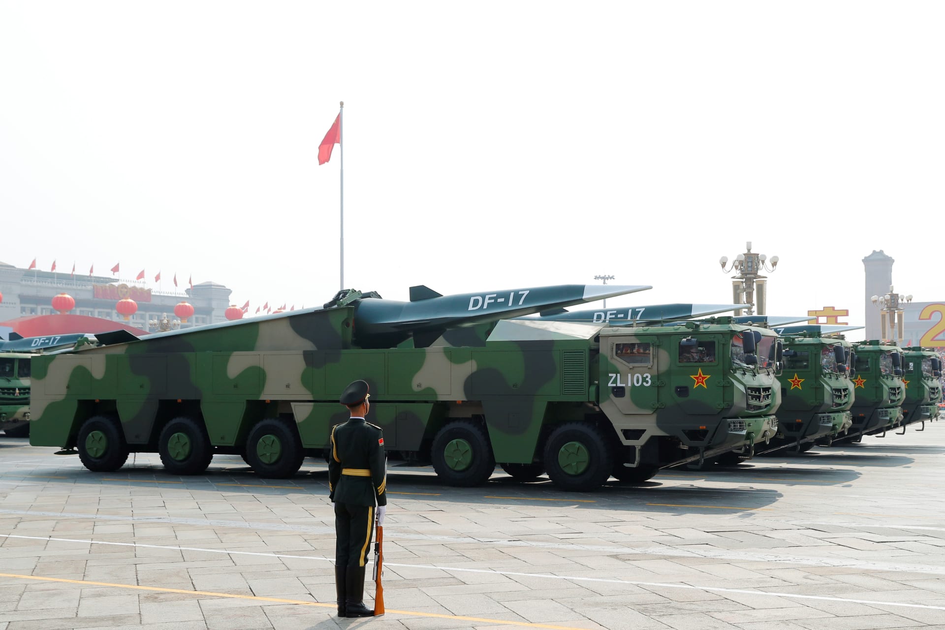 <p>Military vehicles carrying hypersonic missiles DF-17 drive past Tiananmen Square during the military parade marking the 70th founding anniversary of People’s Republic of China, on its National Day in Beijing, China October 1, 2019.</p>