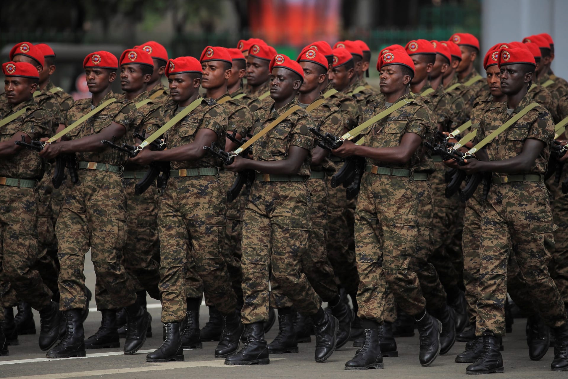 <p>Members of Ethiopian Republican Guards march during a rally to celebrate Ethiopia’s Prime Minister Abiy Ahmed’s incumbency at the Meskel Square in Addis Ababa, Ethiopia on October 4, 2021.</p>
