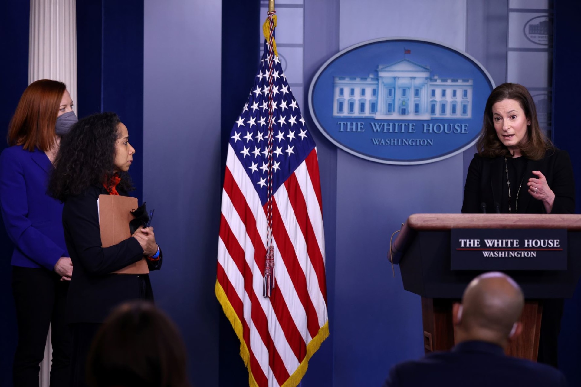 <p>Jennifer Klein, co-chair of the White House Gender Policy Council, speaks to the media at the White House daily press briefing.</p>
