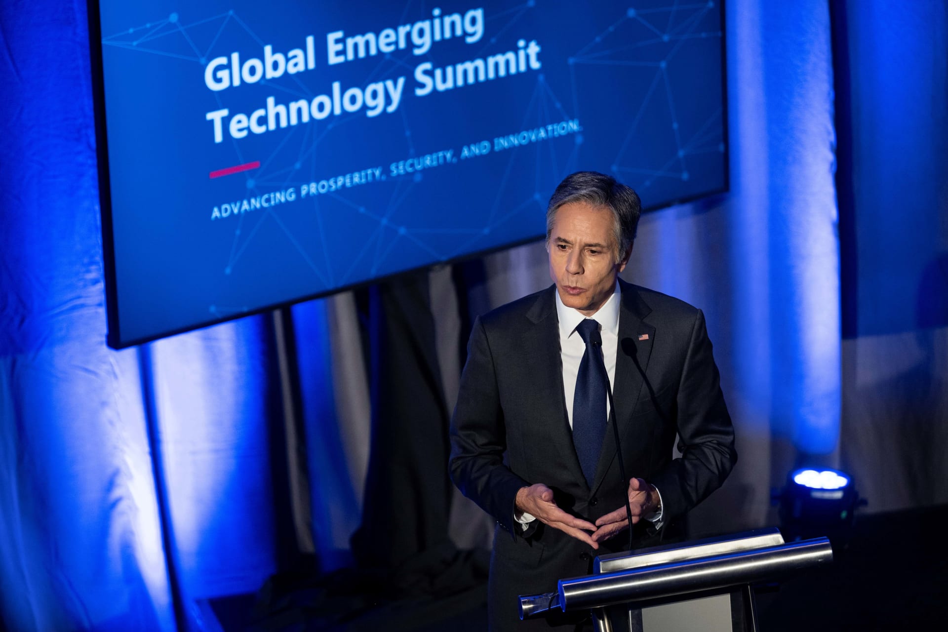 <p>U.S. Secretary of State Antony Blinken delivers remarks at the National Security Commission on Artificial Intelligence (NSCAI) Global Emerging Technology Summit in Washington, DC, U.S. July 13, 2021.</p>
