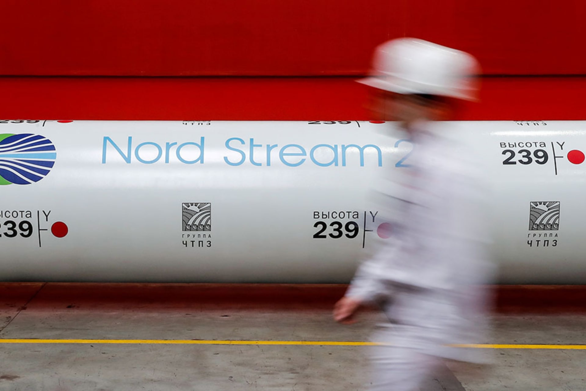 <p>The Nord Stream 2 gas pipeline project is seen on a large pipe at a manufacturing plant in Chelyabinsk, Russia.</p>
