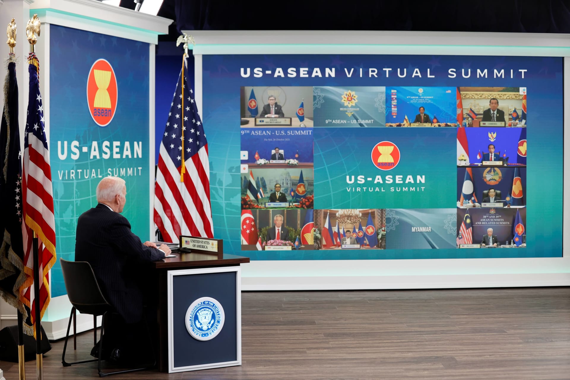 <p>U.S. President Joe Biden participates virtually with the ASEAN summit from an auditorium at the White House in Washington, DC, on October 26, 2021.</p>
