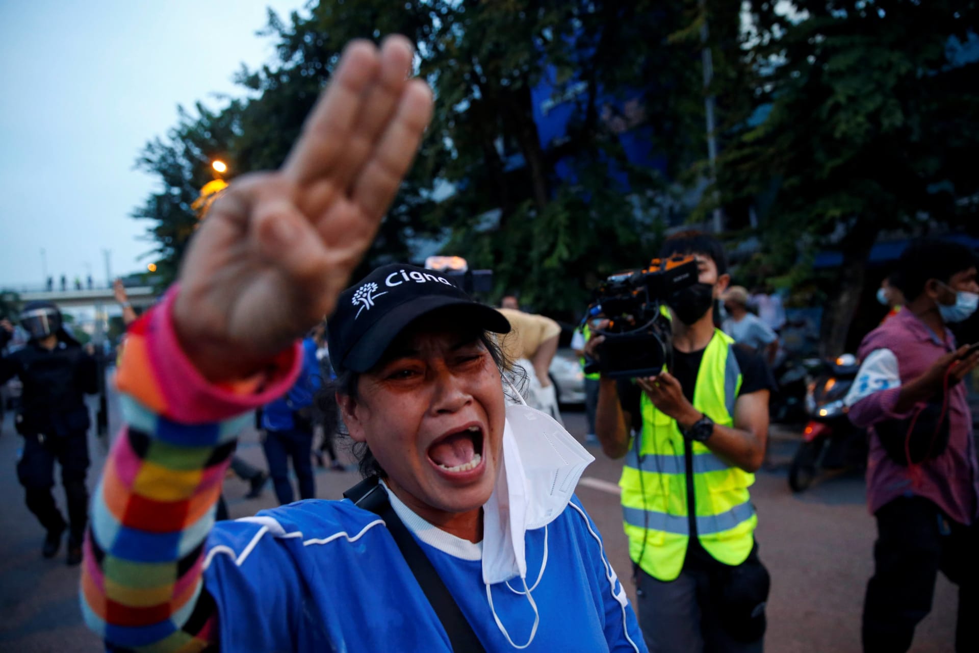 <p>A demonstrator gestures during a protest over the Thai government’s handling of the coronavirus disease (COVID-19) pandemic and to demand Prime Minister Prayuth Chan-ocha’s resignation, in Bangkok, Thailand, on September 28, 2021.</p>