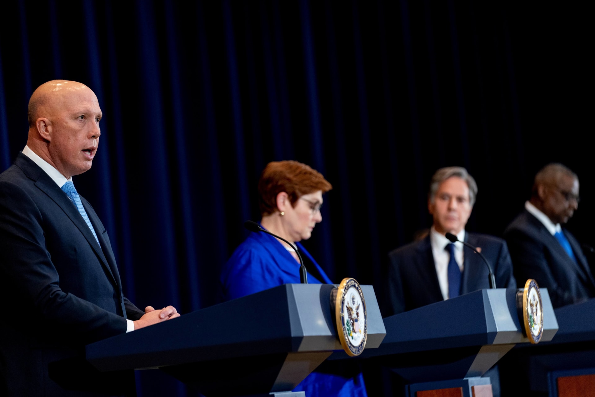 <p>Australian Minister of Defense Peter Dutton, Australian Foreign Minister Marise Payne, U.S Secretary of State Antony Blinken, and U.S. Secretary of Defense Lloyd Austin attend a news conference at the State Department on September 16, 2021.</p>
