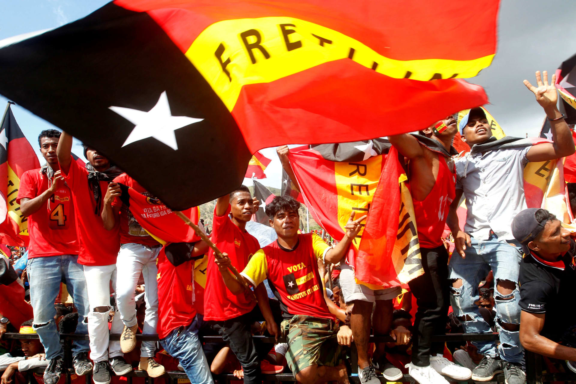 <p>Supporters of the FRETILIN political party take part in a rally ahead of parliamentary elections in Tasi Tolu, Dili, in East Timor, on May 9, 2018.</p>
