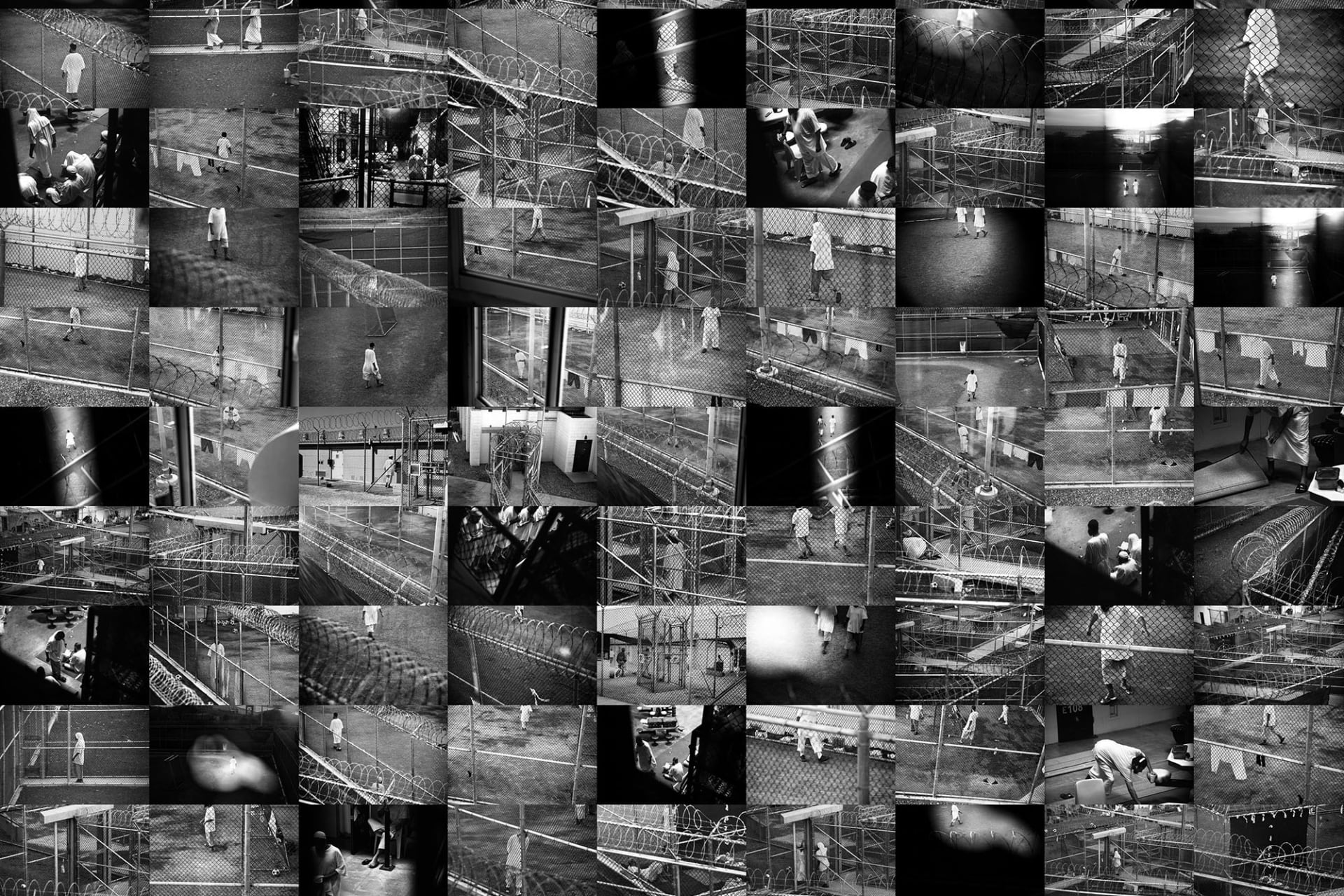 <p>A tableau of surveillance photographs shows Guantanamo detainees.</p>
