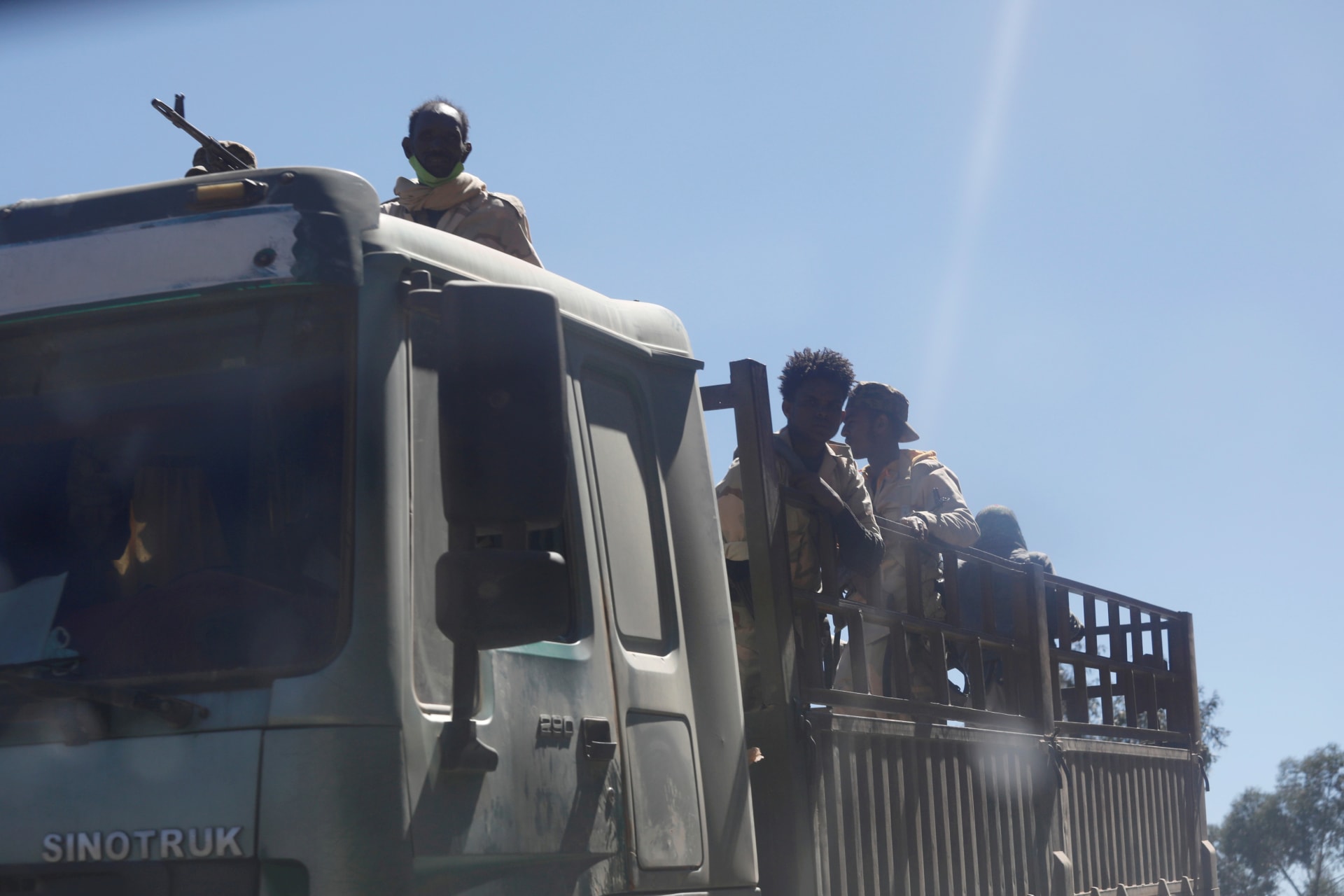 <p>Troops in Eritrean uniforms are seen on top of a truck near the town of Adigrat, Ethiopia on March 14, 2021.</p>
